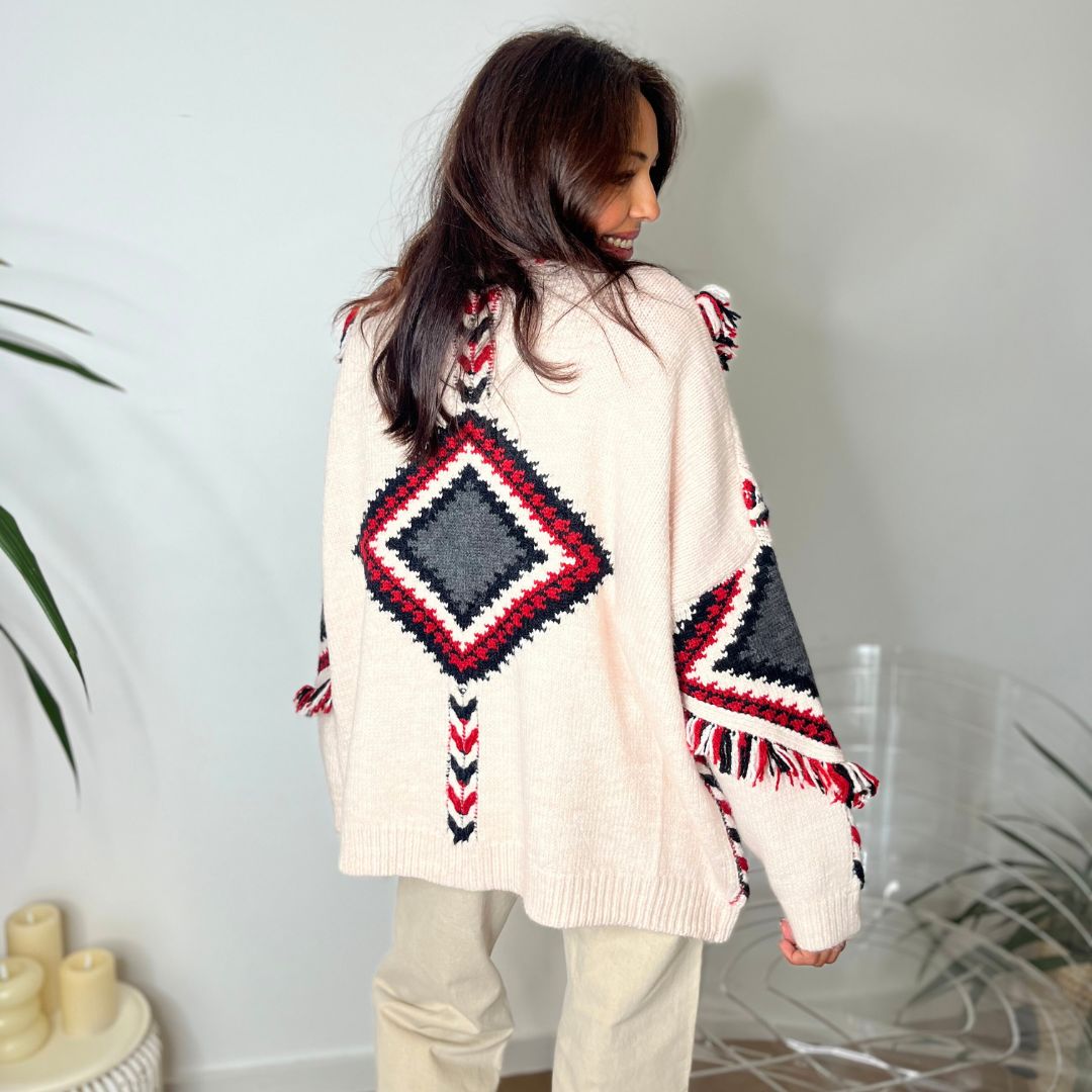 Veste en maille oversize sans fermeture TROMSO écrue ornée de motifs géométriques et de franges