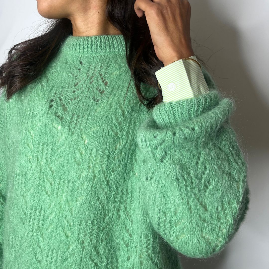 Pull oversize en laine et mohair CHANA vert à la maille ajourée