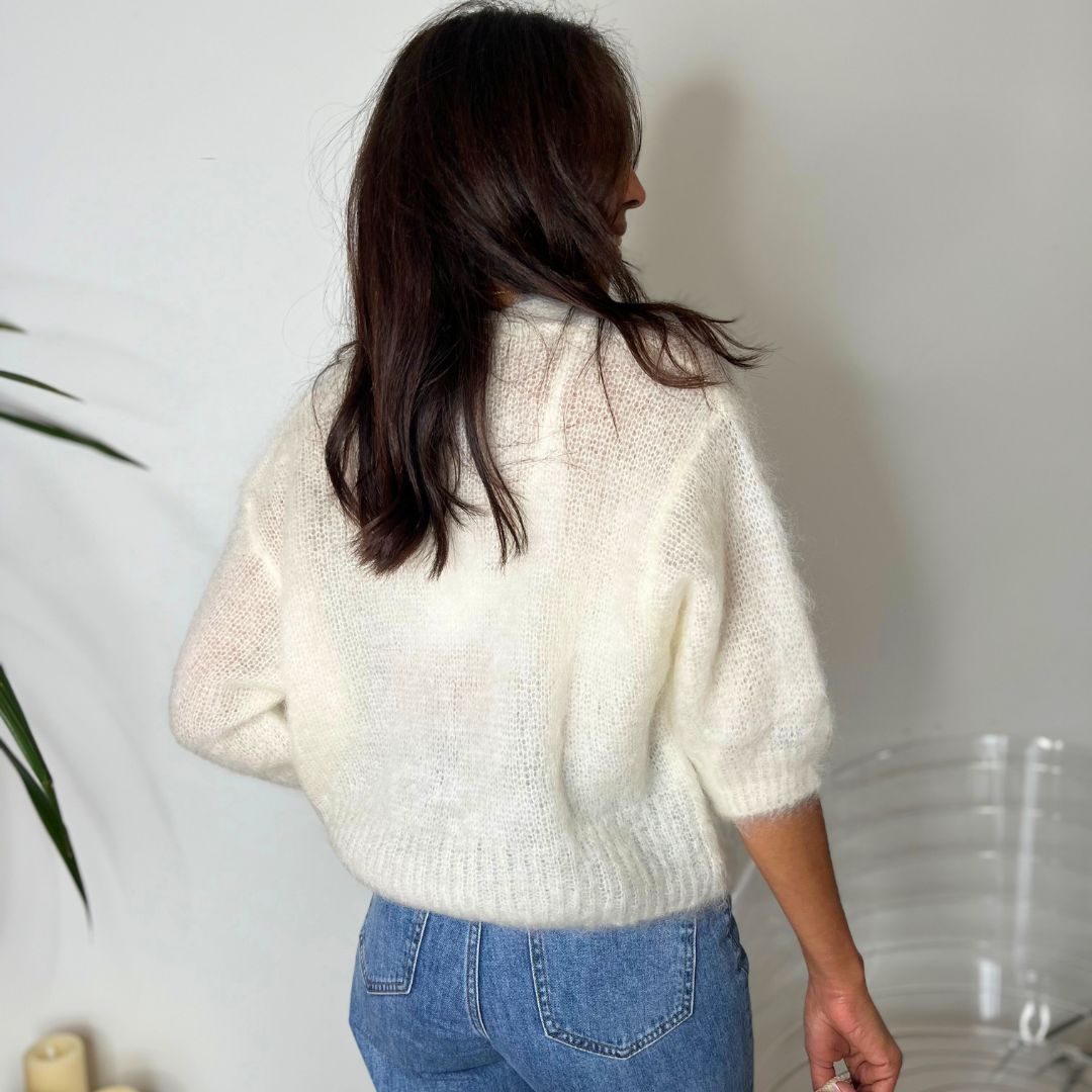 Gilet en kid mohair à manches trois-quarts STELLA écru doté de boutons bijoux