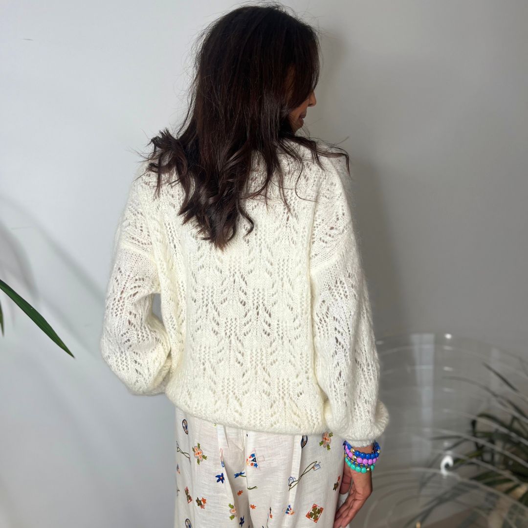 Pull oversize en laine et mohair CHANA écru à la maille ajourée