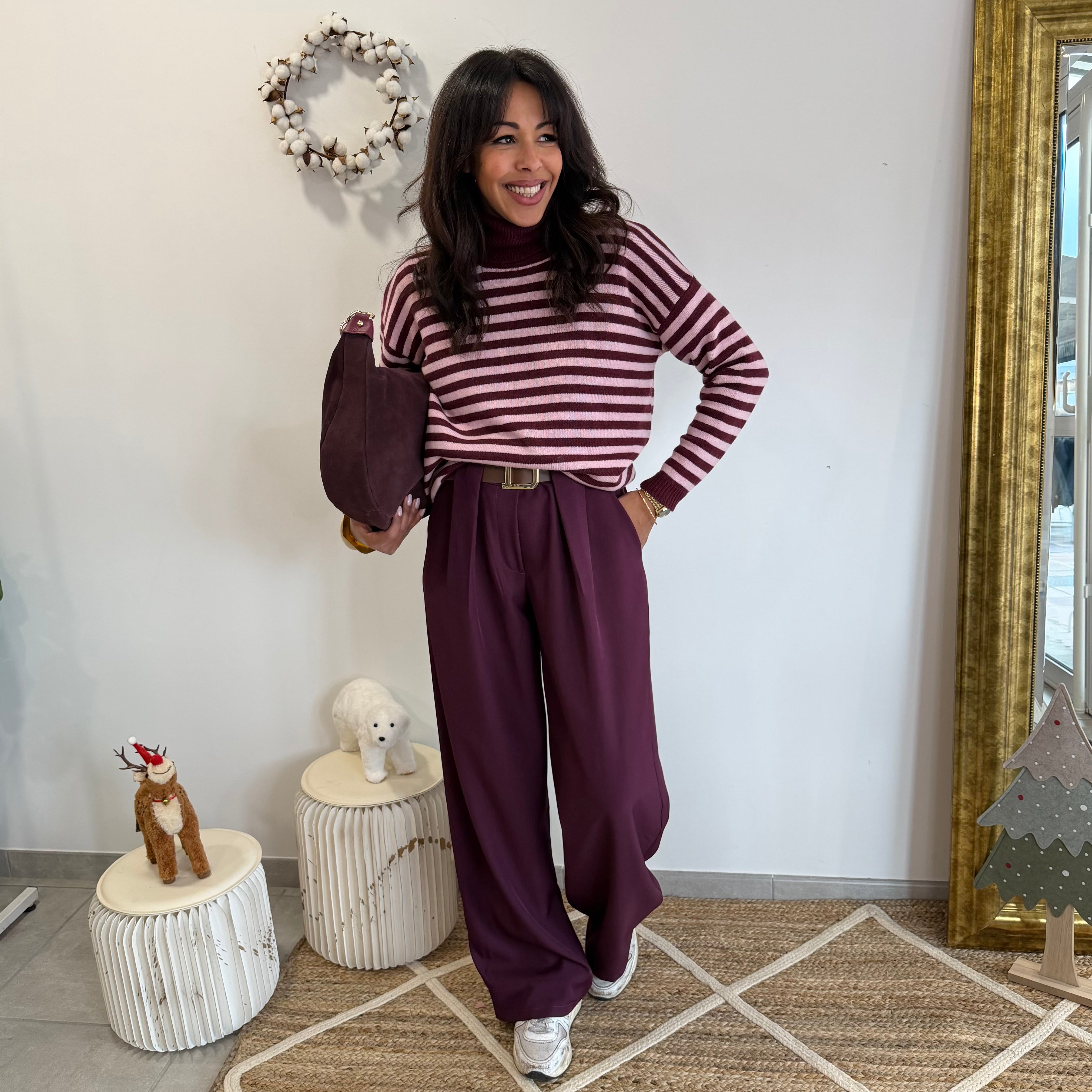 Pull col roulé rayé, CHARLIE, prune et rose, laine et cachemire