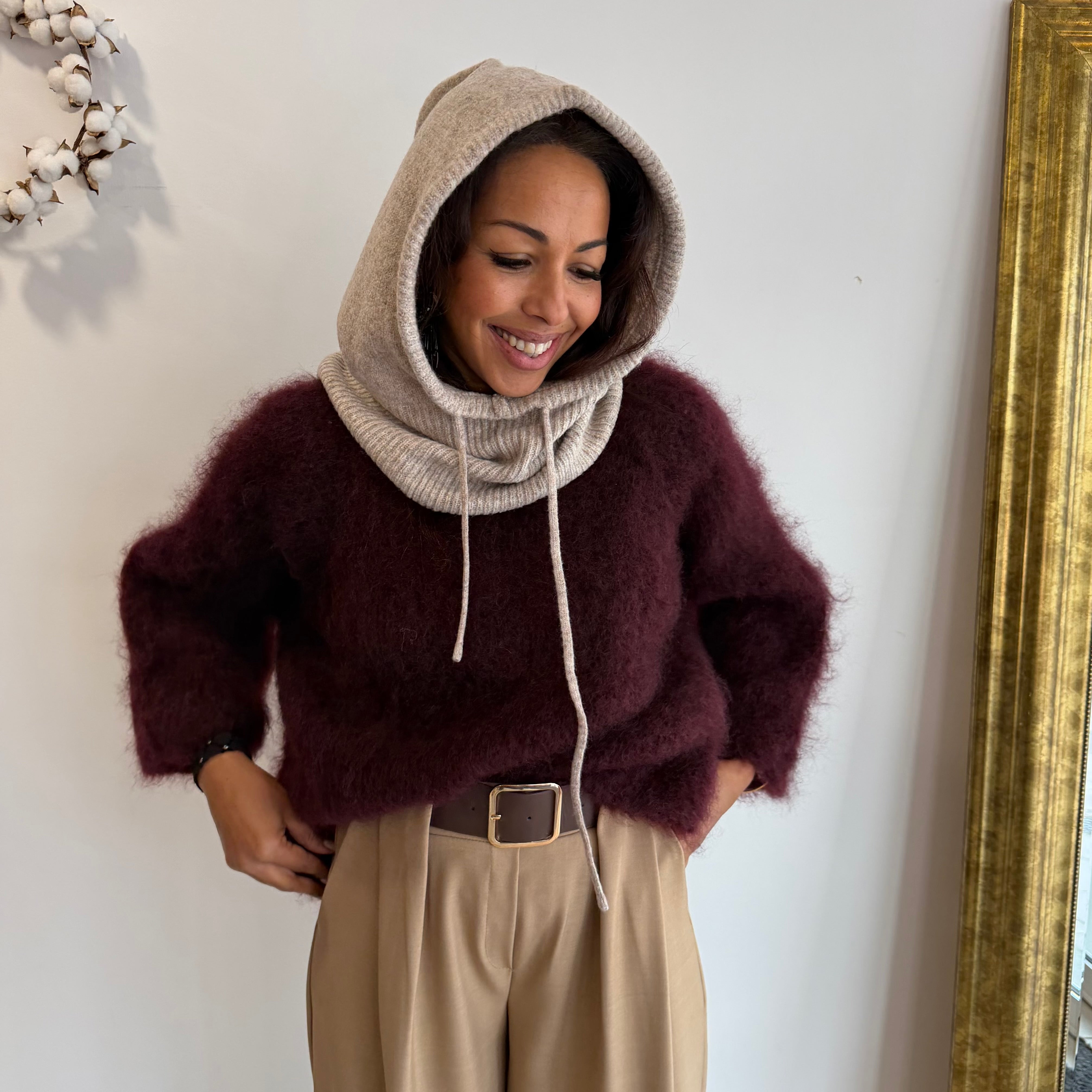 Cagoule ENVY beige en cashmere, col+capuche intégrée