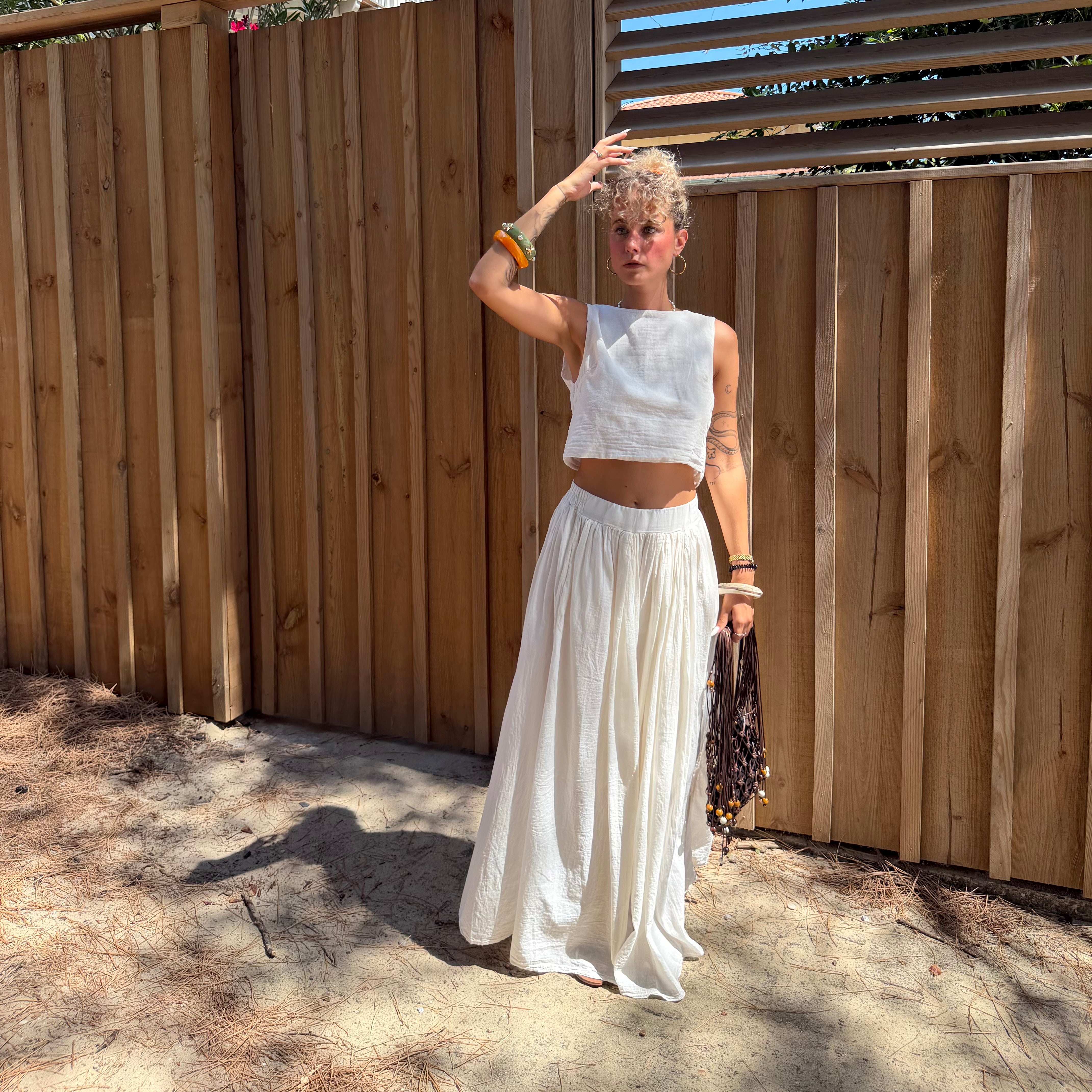 Ensemble YDRA jupe et top dos nu en coton écru