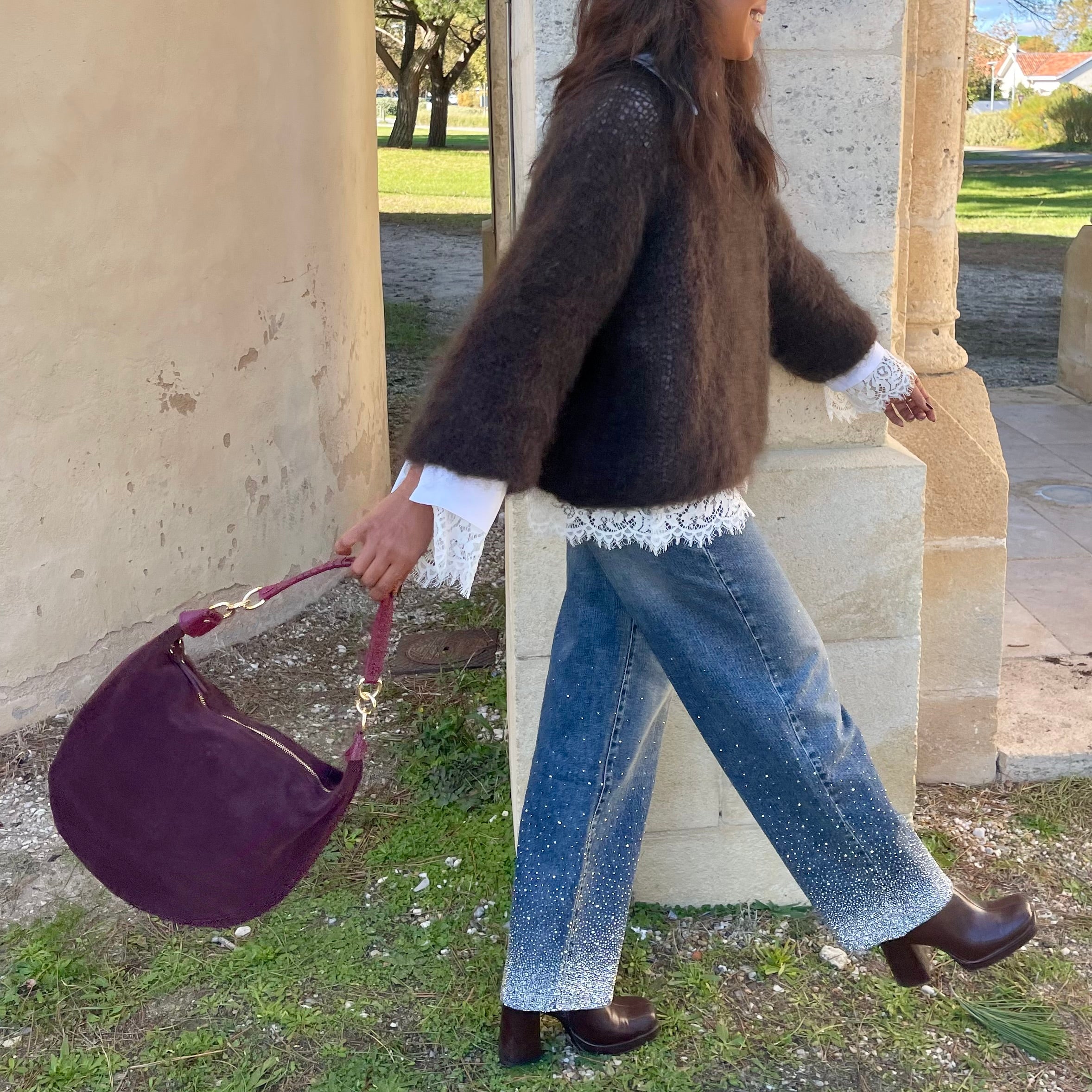 Sac LUNE bordeaux en cuir daim italien