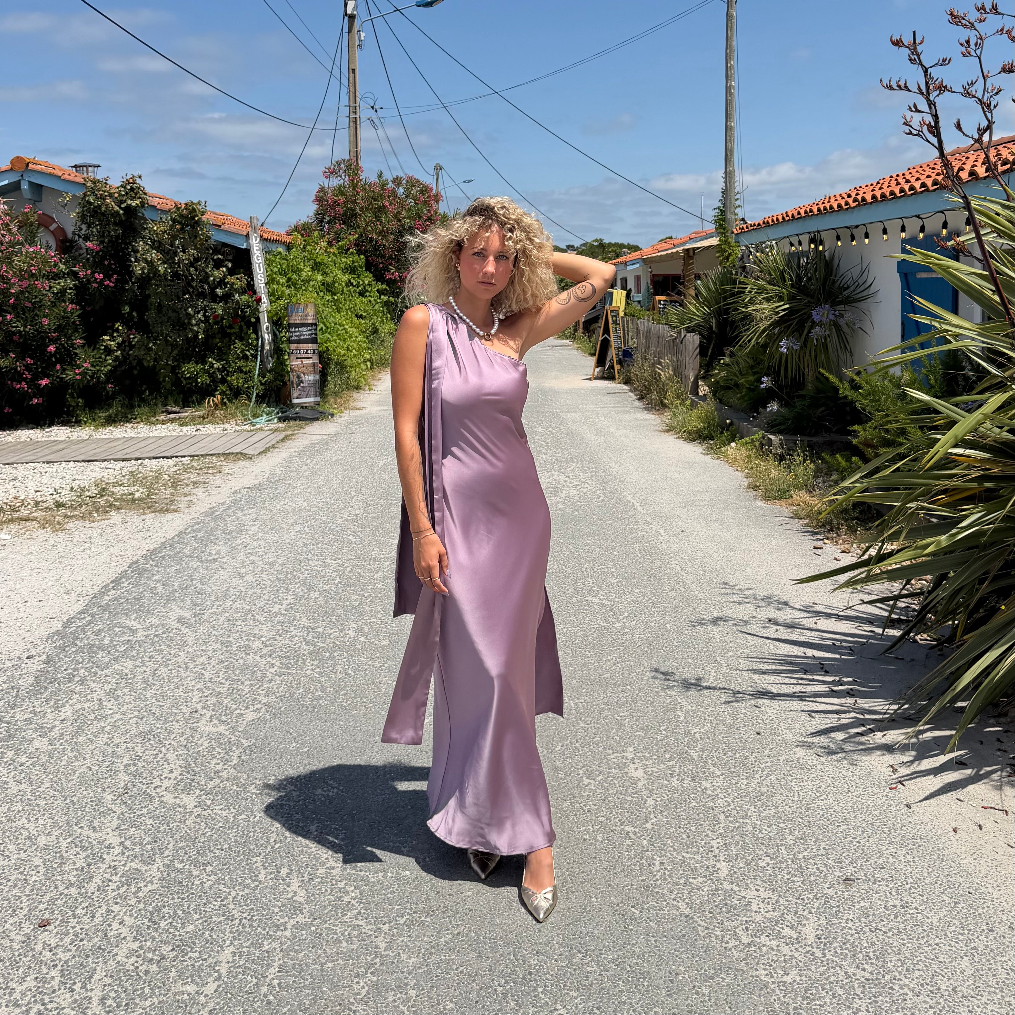 Robe longue satinée ESME parme