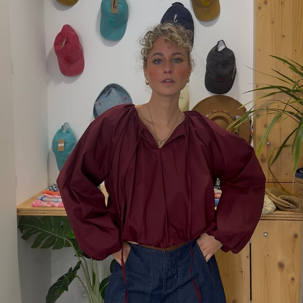 Blouse CLODY bordeaux manches bouffantes, 100% coton