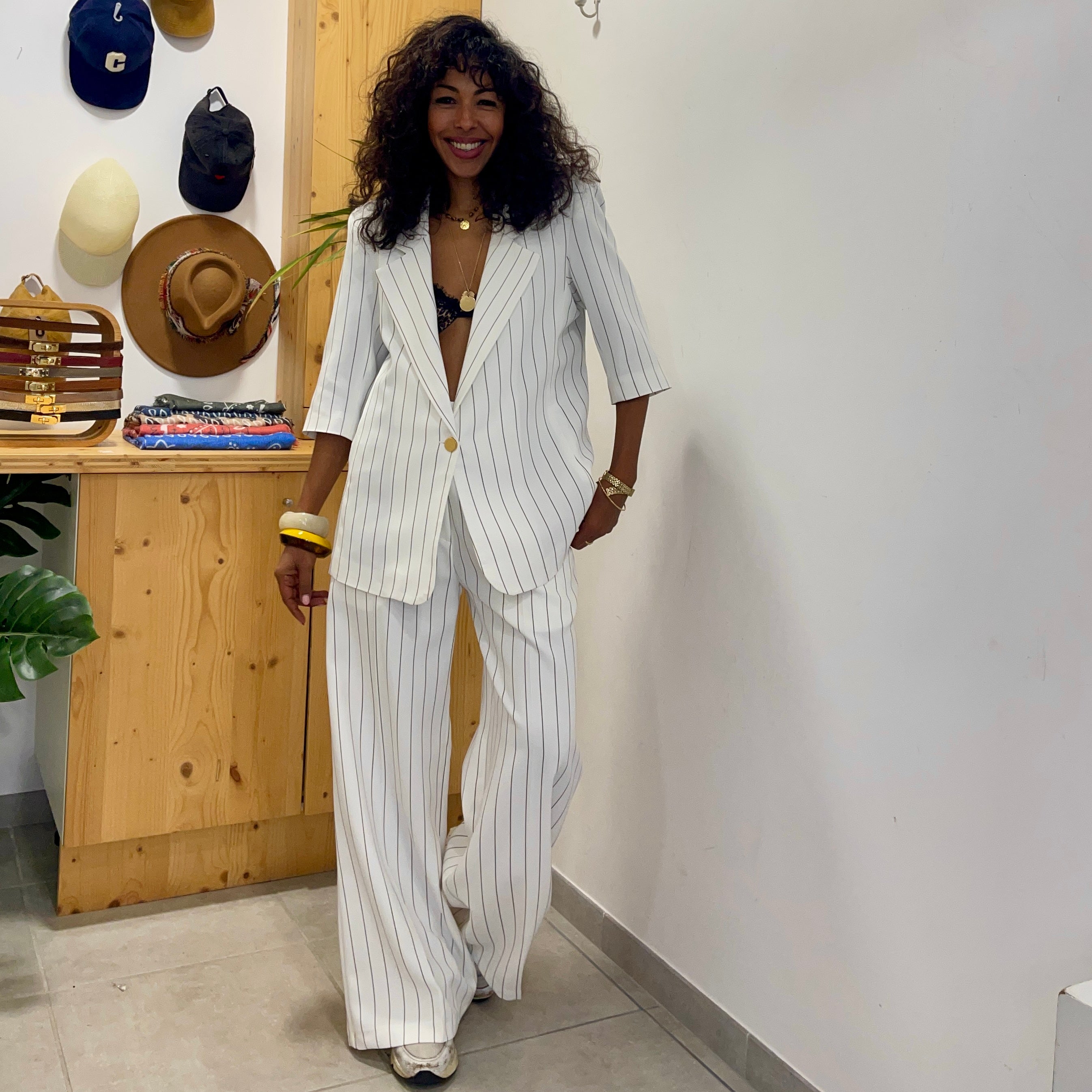 Blazer IZIA blanc rayé marron