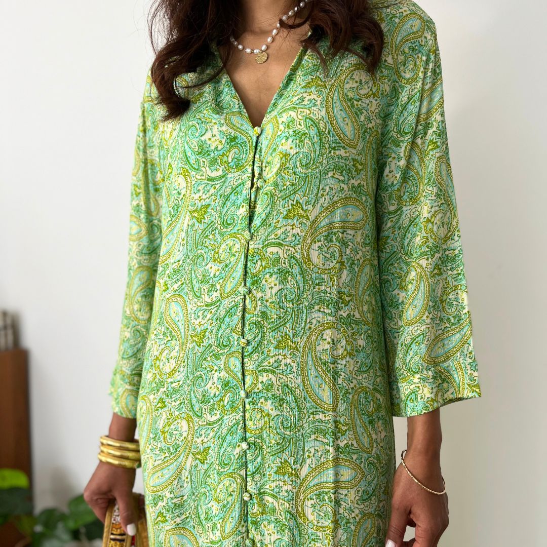 Robe longue façon chemise KATY aux motifs dans les tons de verts