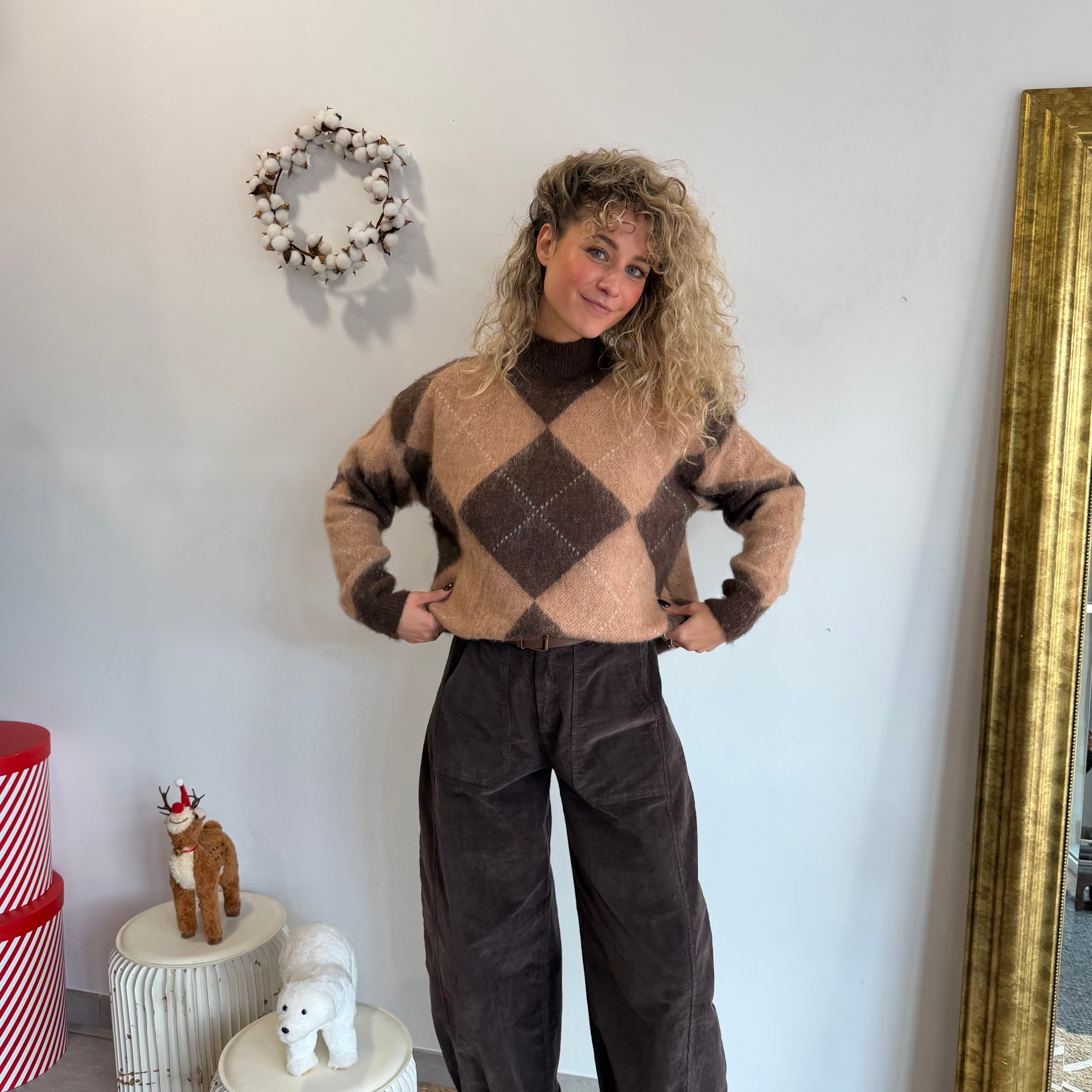 Pull LOSANGE, col montant, marron et beige