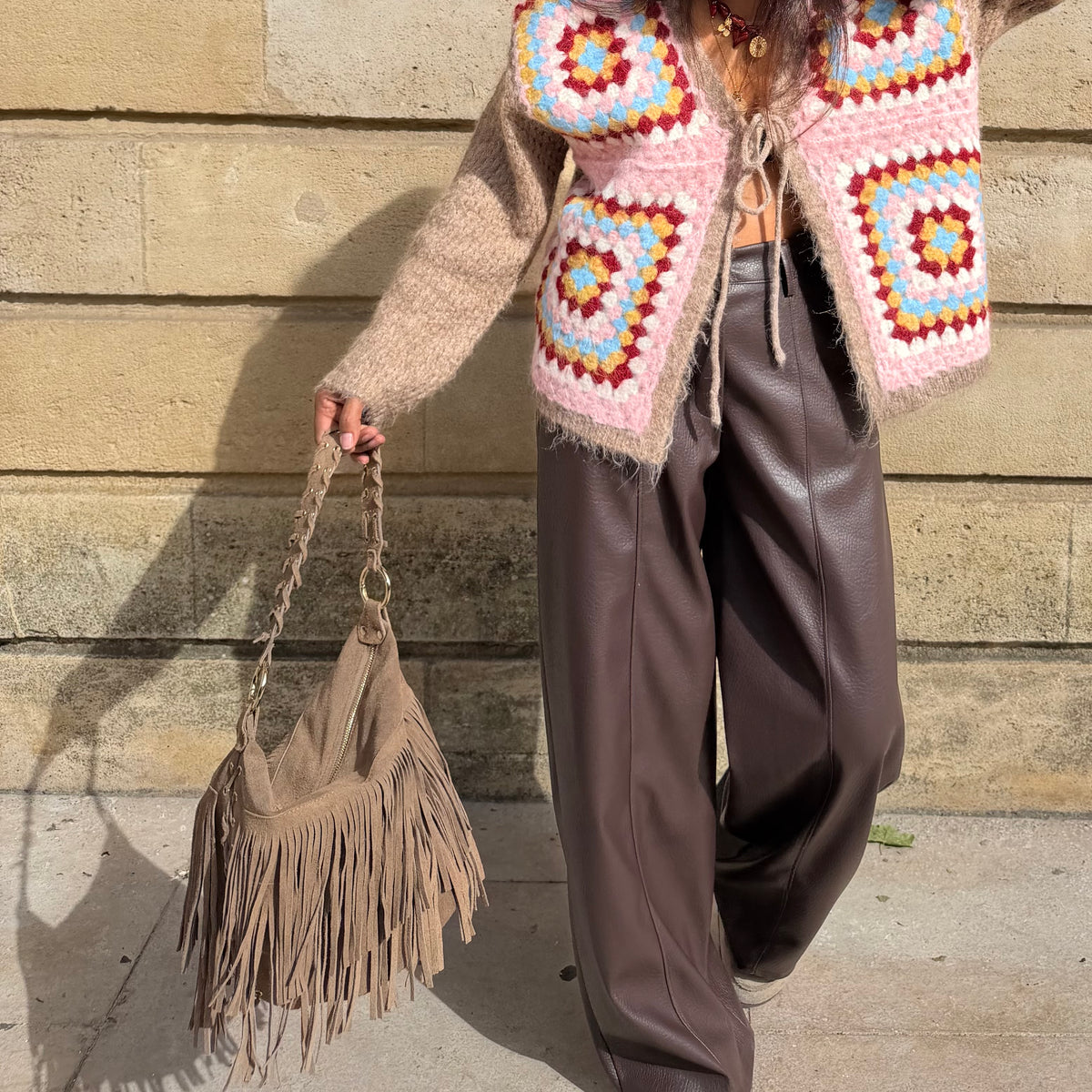 Sac cuir daim franche marron taupe