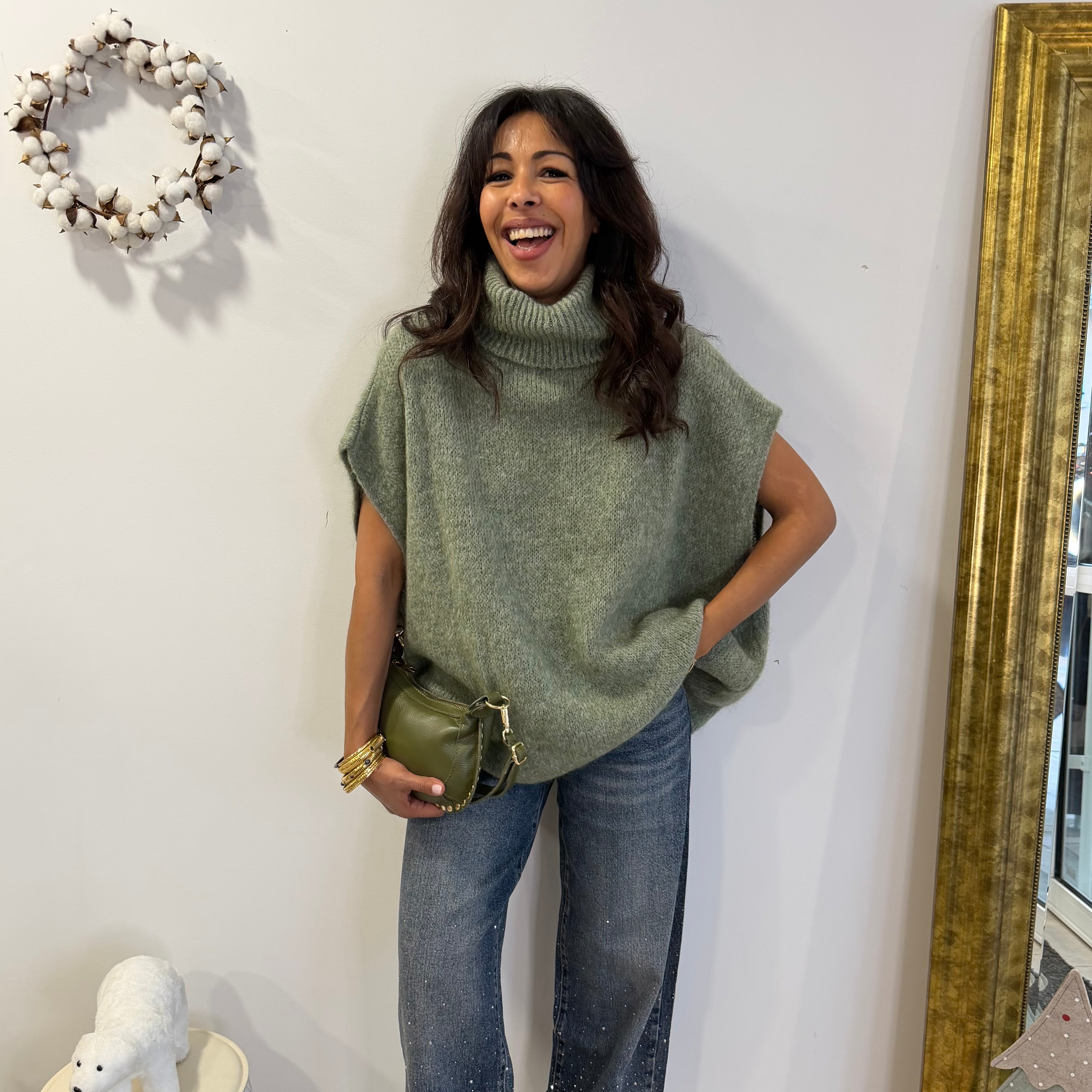 Pull col roulé, ANTA vert, mohair, laine