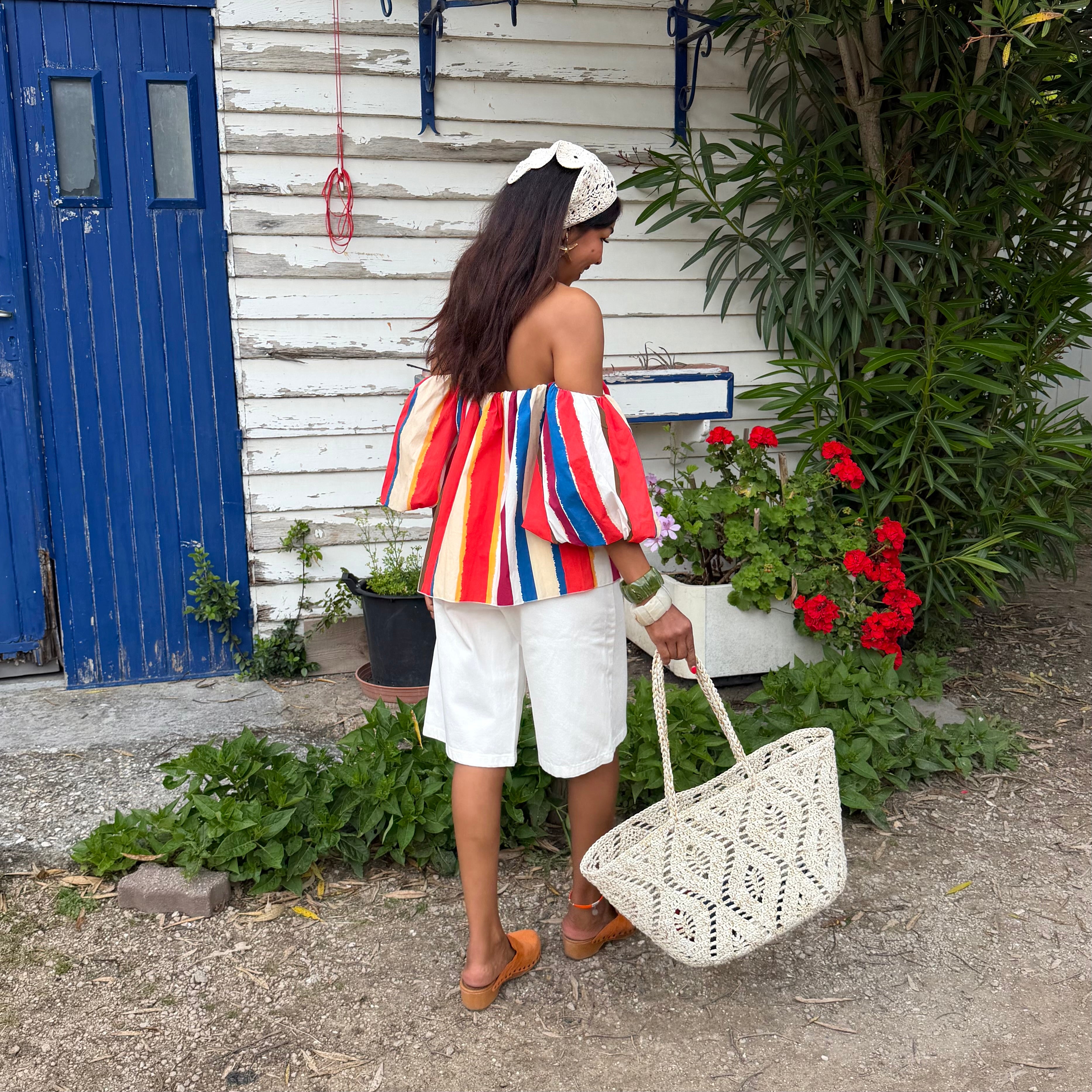 Blouse LIO rayée multicolore rouge – coton – col bardot
