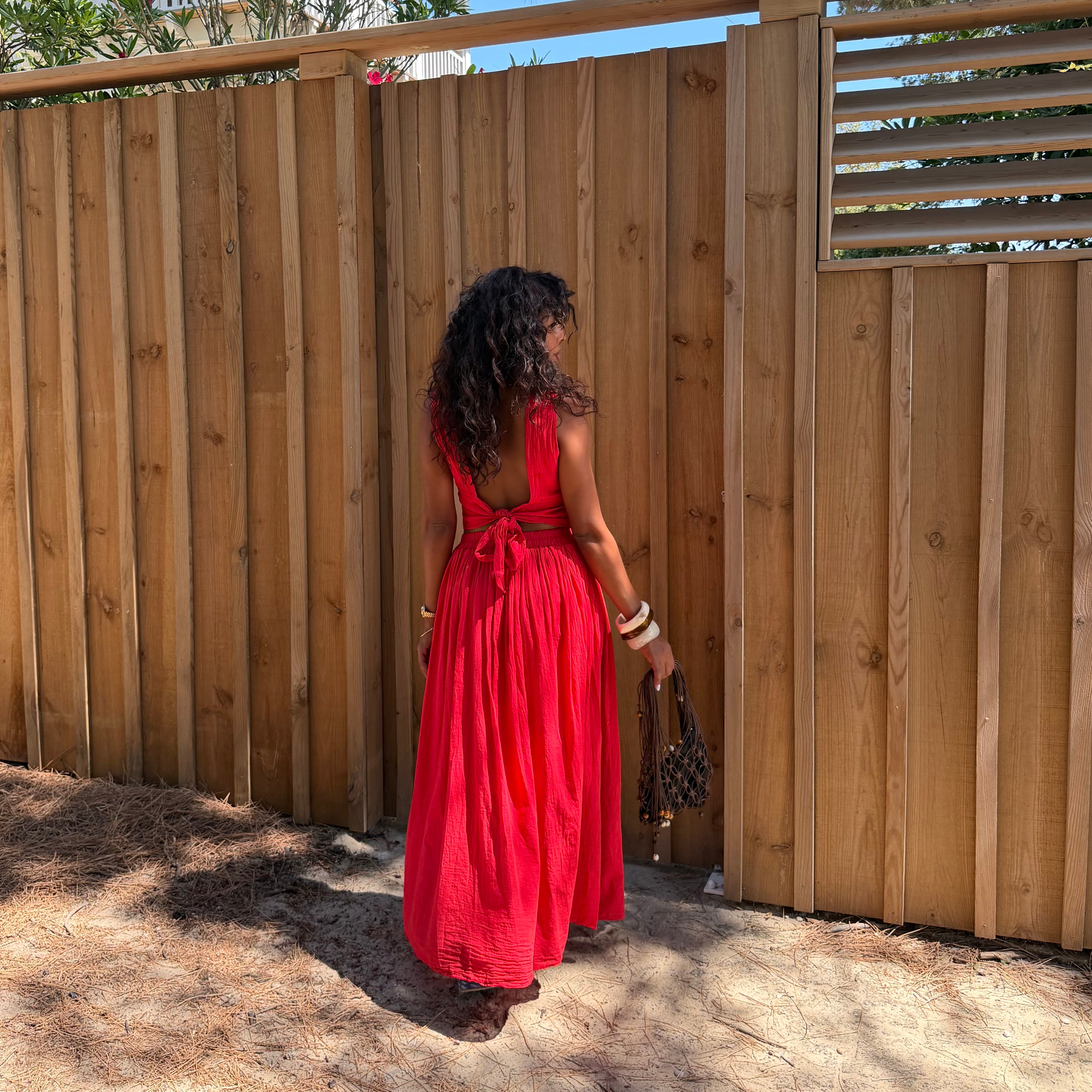 Ensemble YDRA jupe et top dos nu en coton rouge