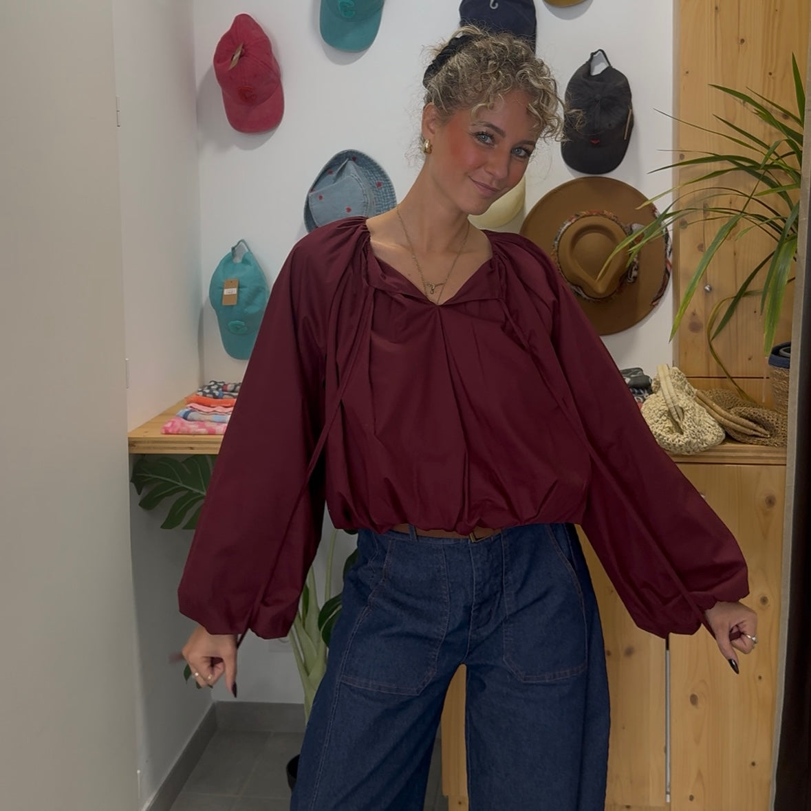 Blouse CLODY bordeaux manches bouffantes, 100% coton