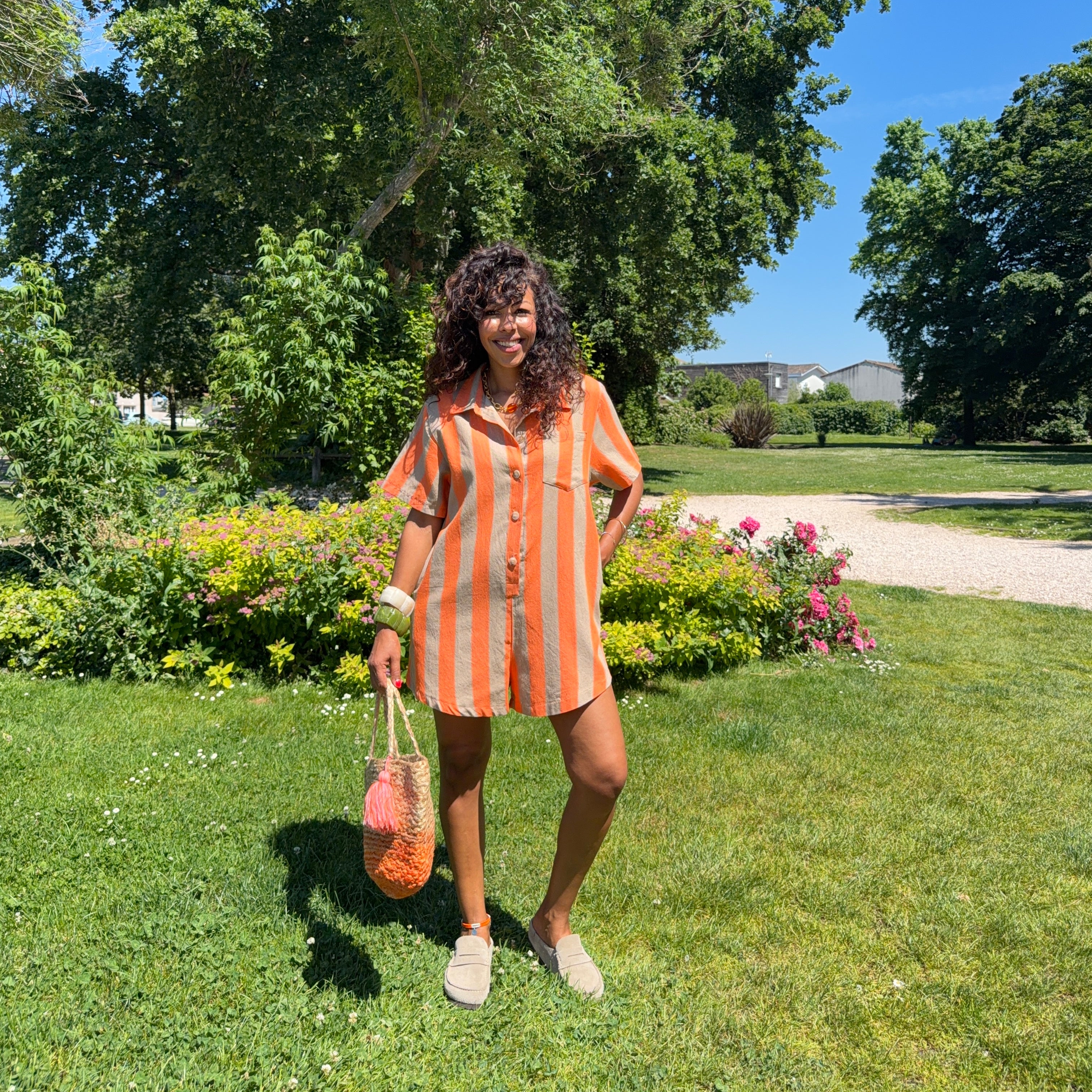 Combishort ZYRA rayée orange & gris