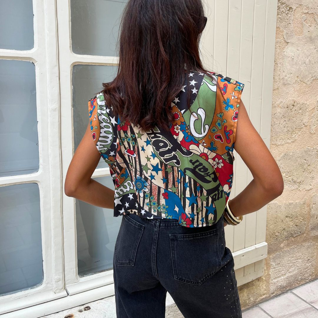 Crop top à motifs CHATON doté d'une coupe oversize et d'un tissu satiné