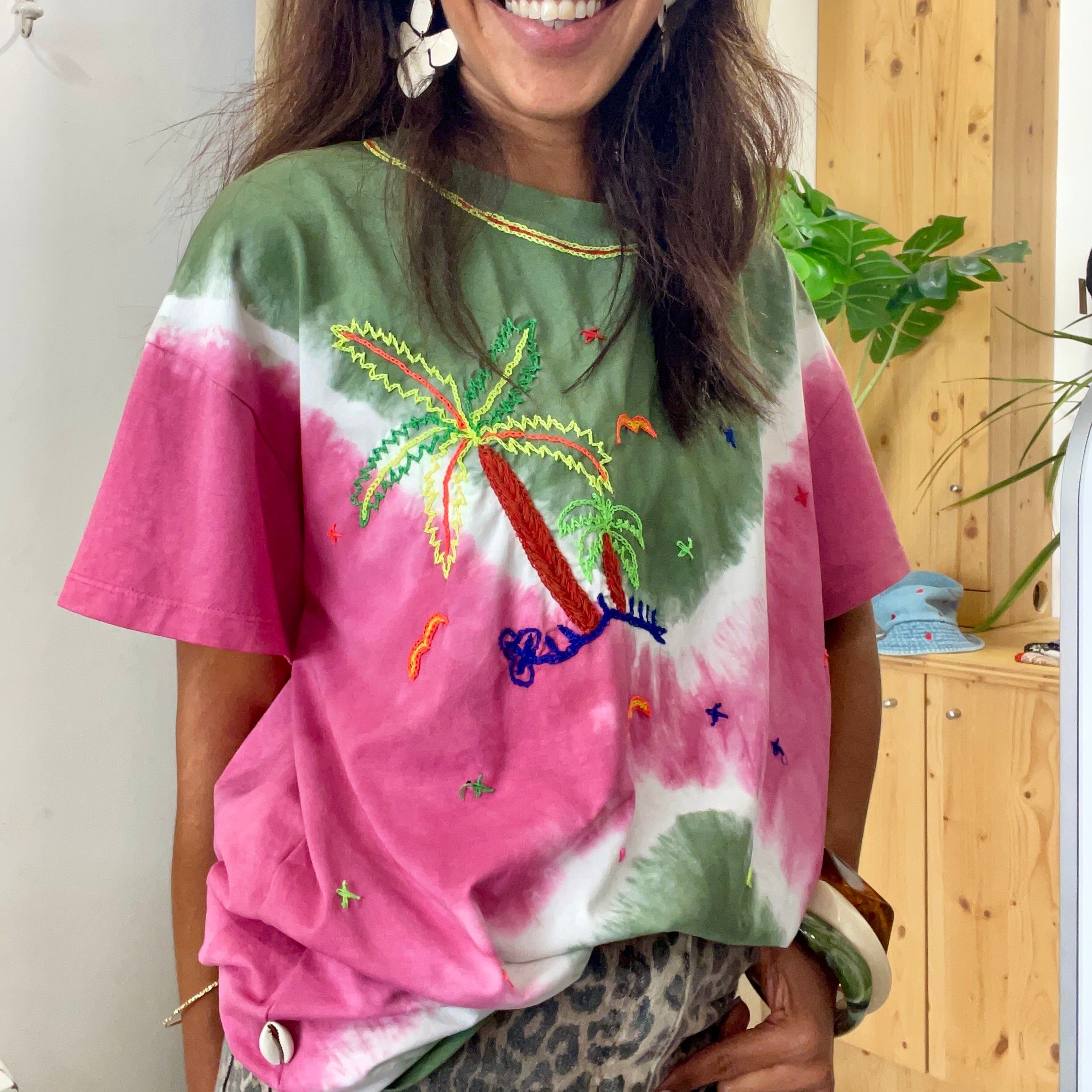 T-shirt manches courtes NAYA rose Tie & Dye & Broderie Main