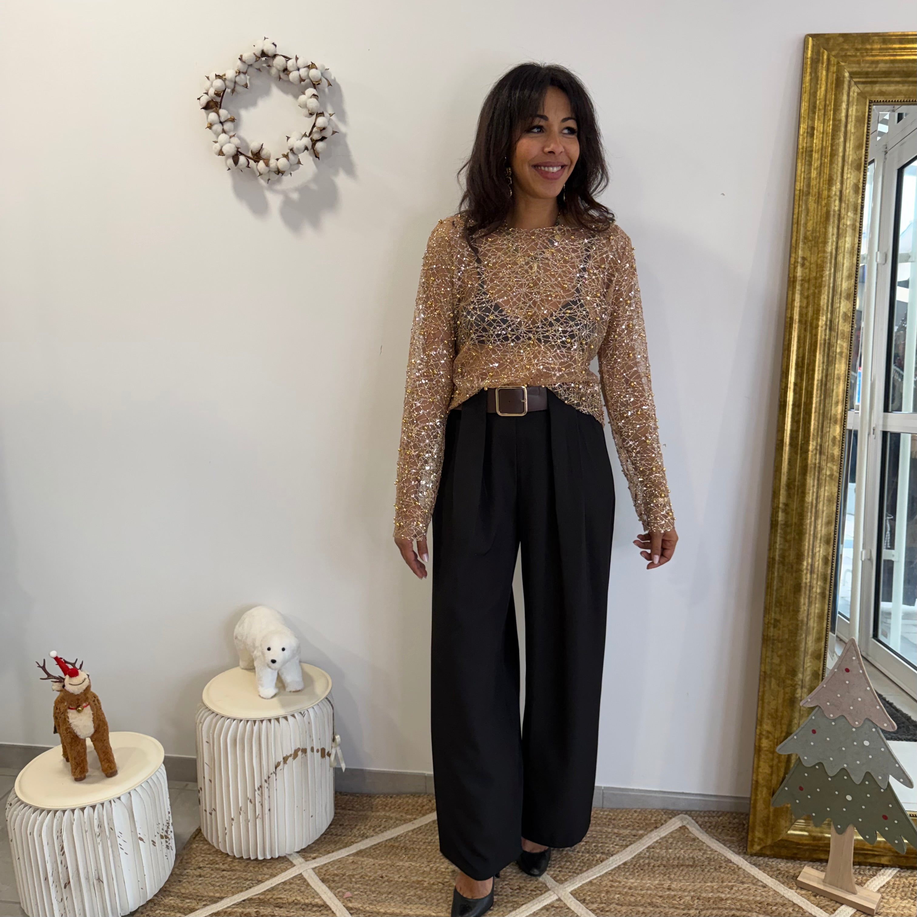 Blouse IRIS doré à sequins, paillettes, perles