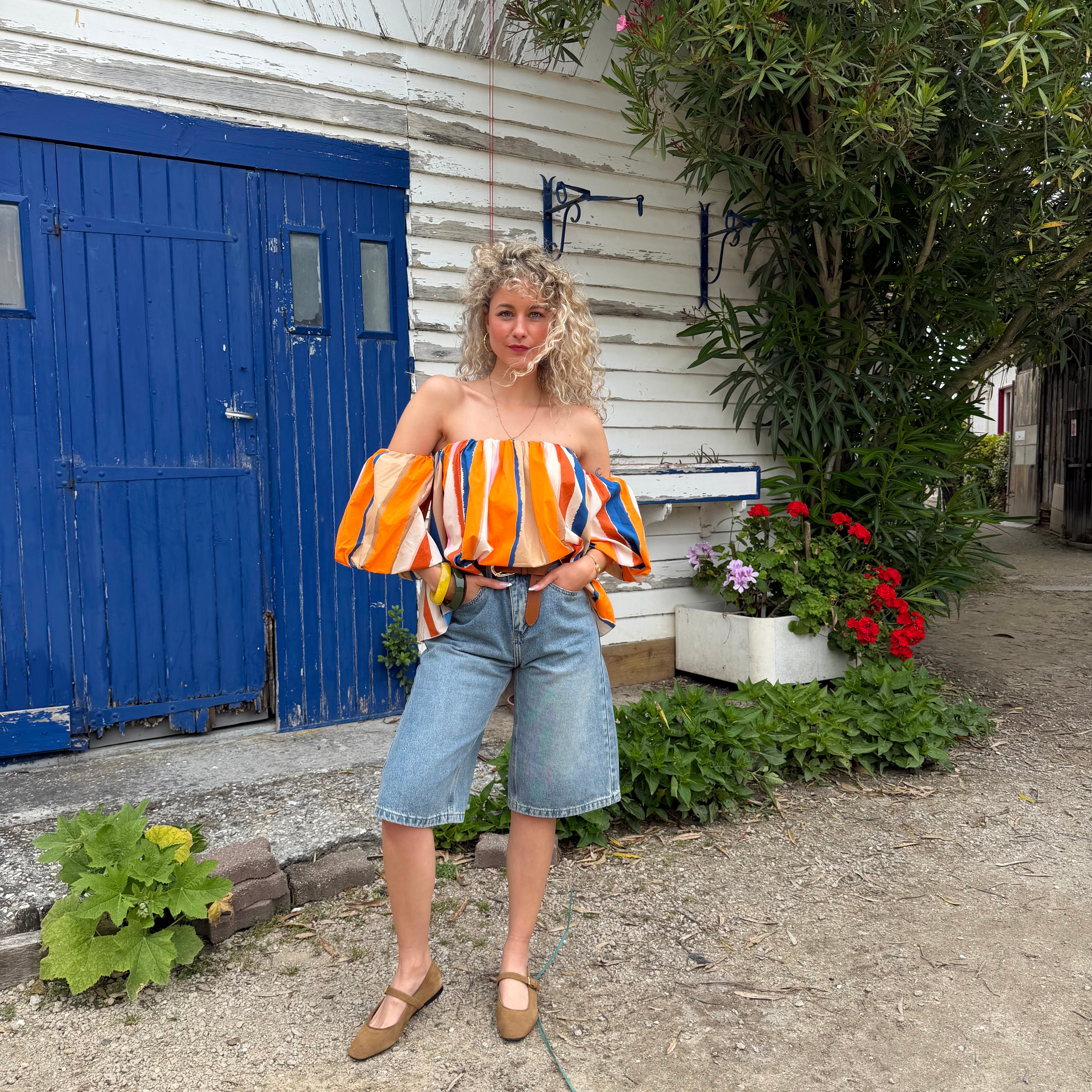 Blouse LIO rayée multicolore orange– coton – col bardot