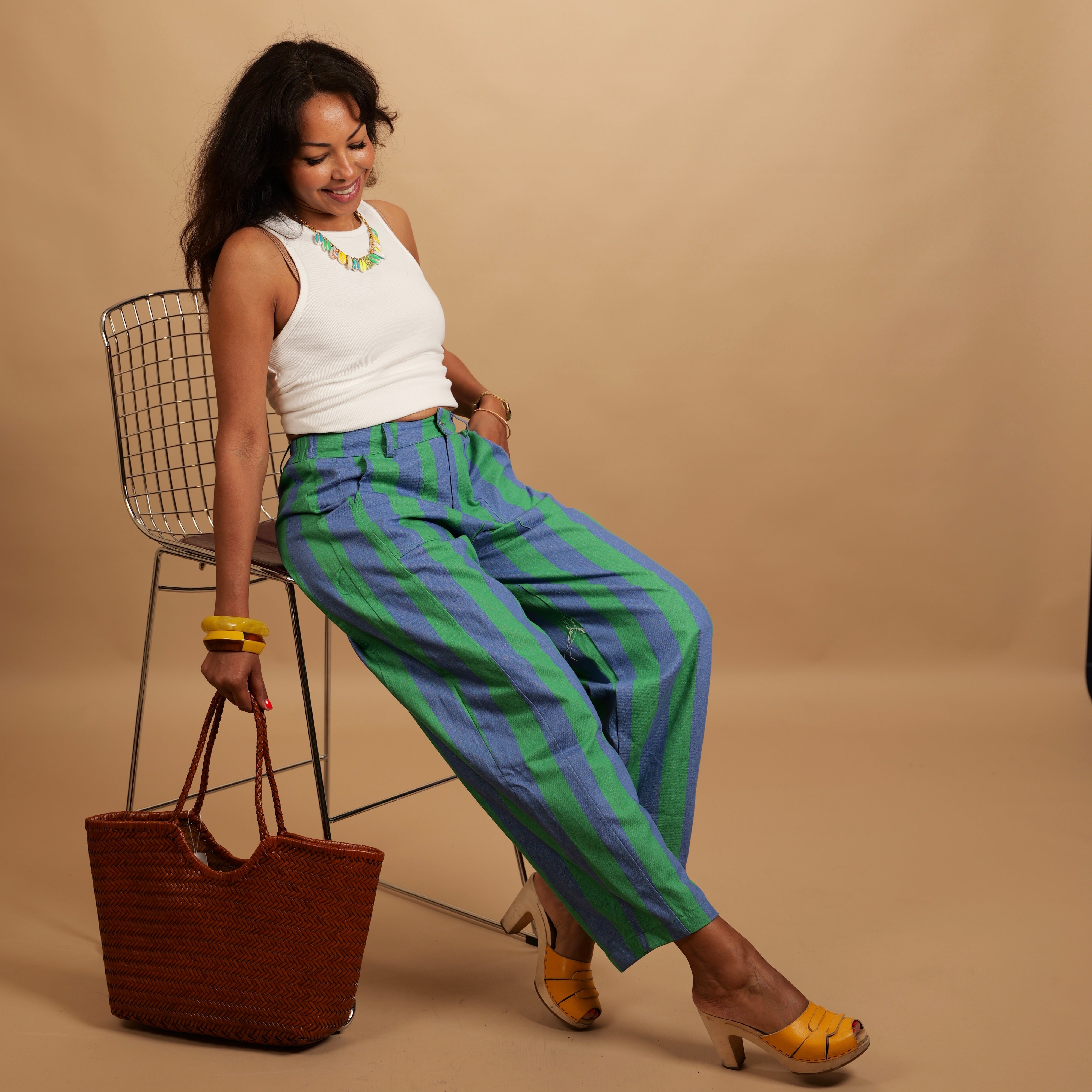 Pantalon LOUNA rayé bleu lavande & vert