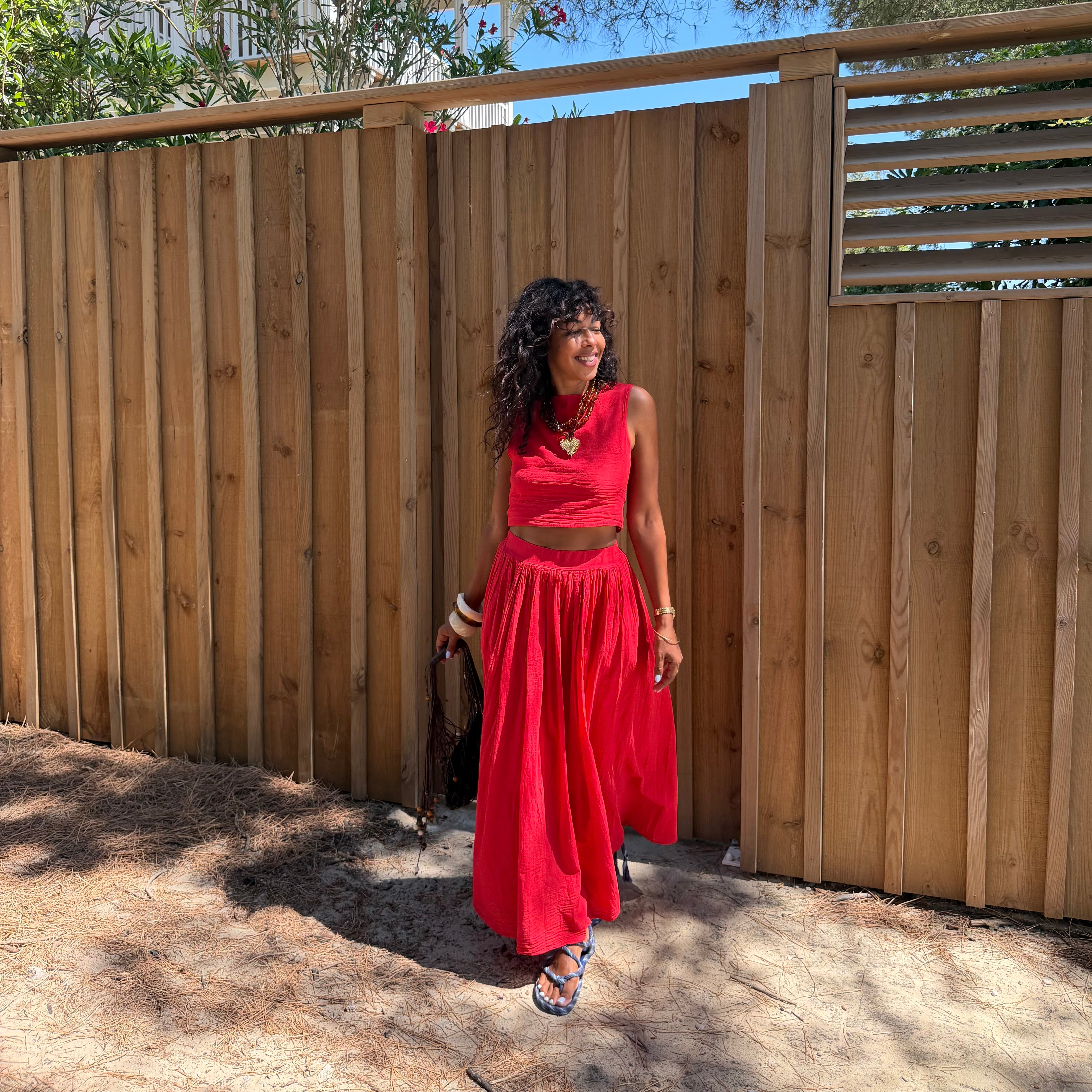 Ensemble YDRA jupe et top dos nu en coton rouge