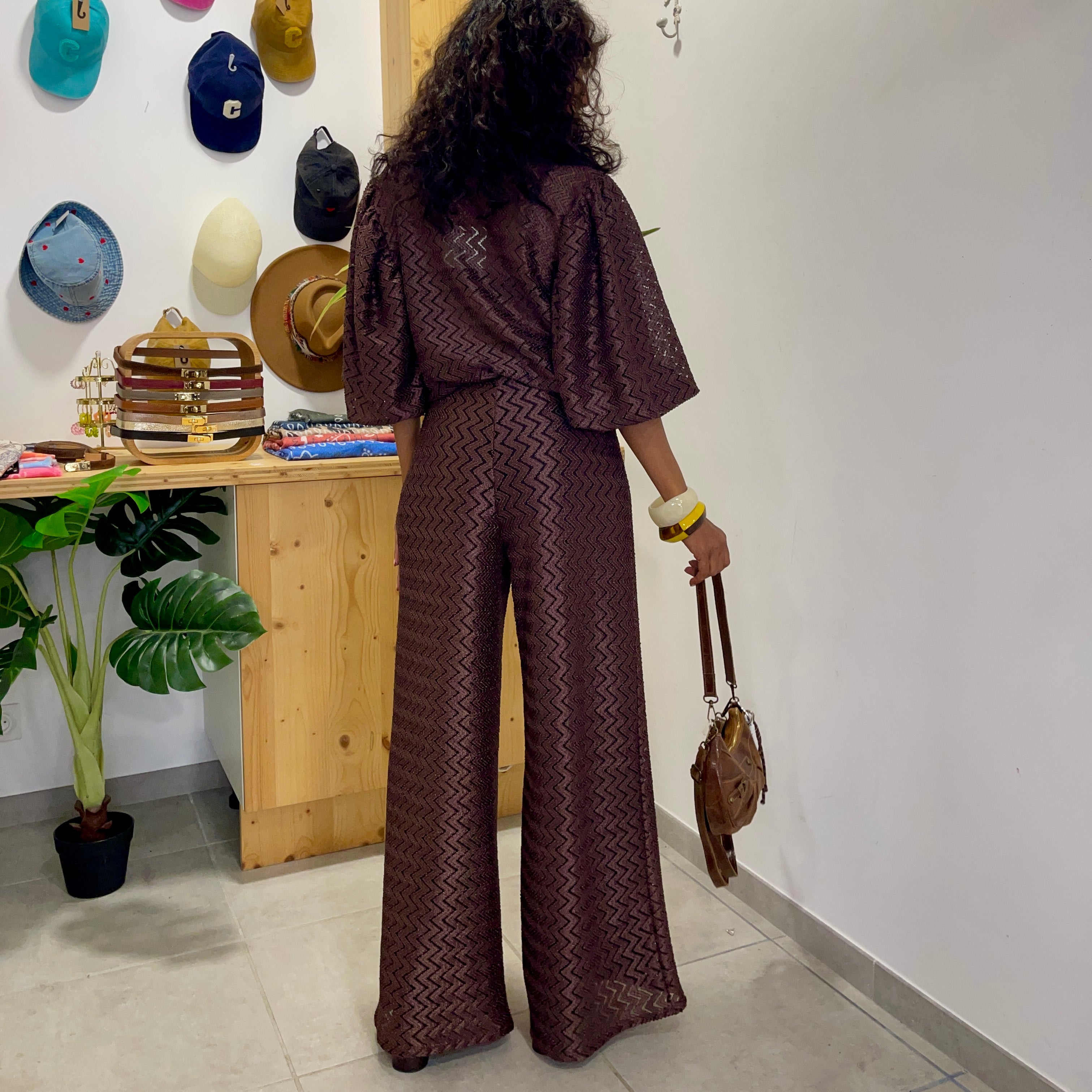 Pantalon MADRID marron métalisé à motif chevron