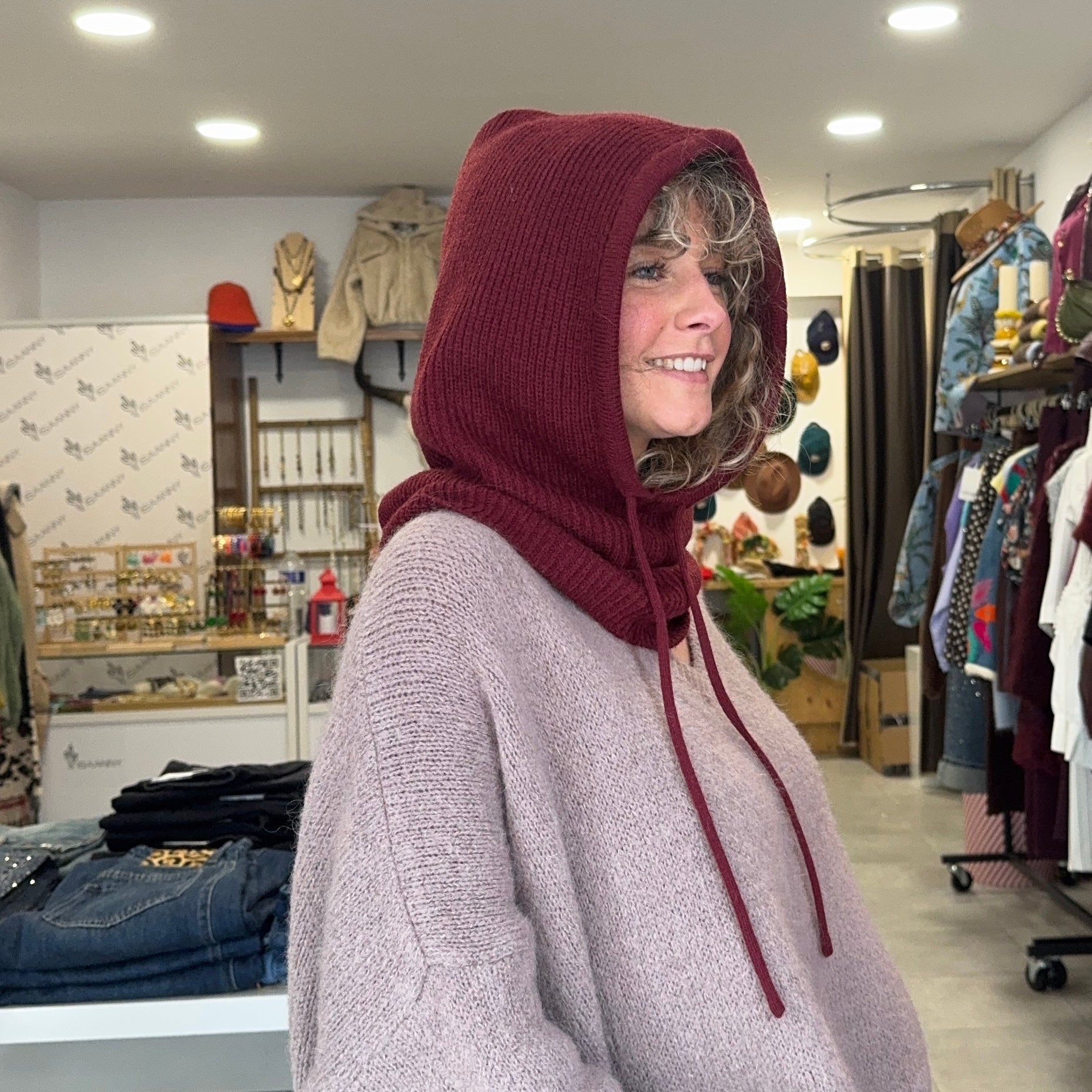 Cagoule ENVY côtelé prune en laine col+capuche intégrée