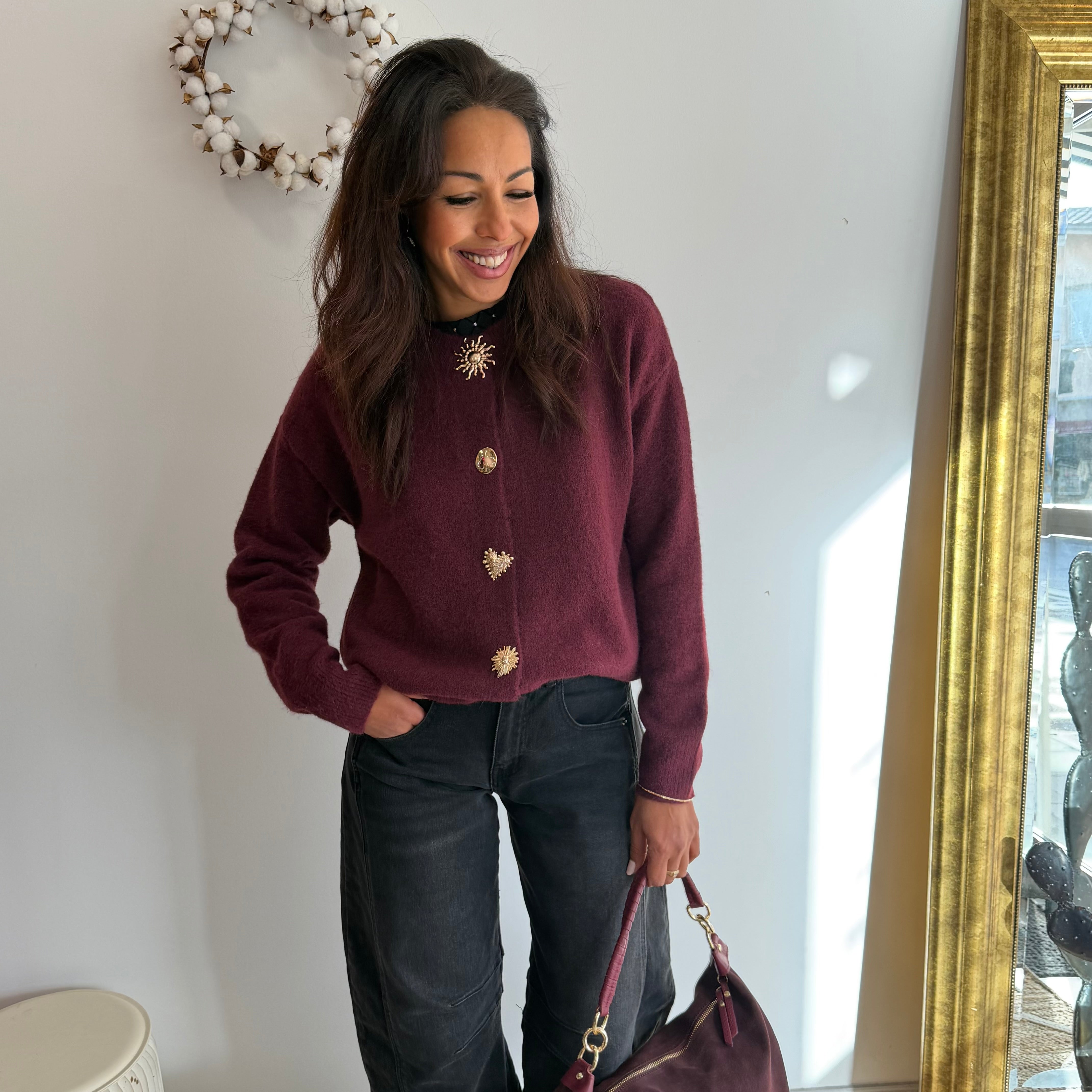 Gilet NOEL, couleur prune, bouton bijoux