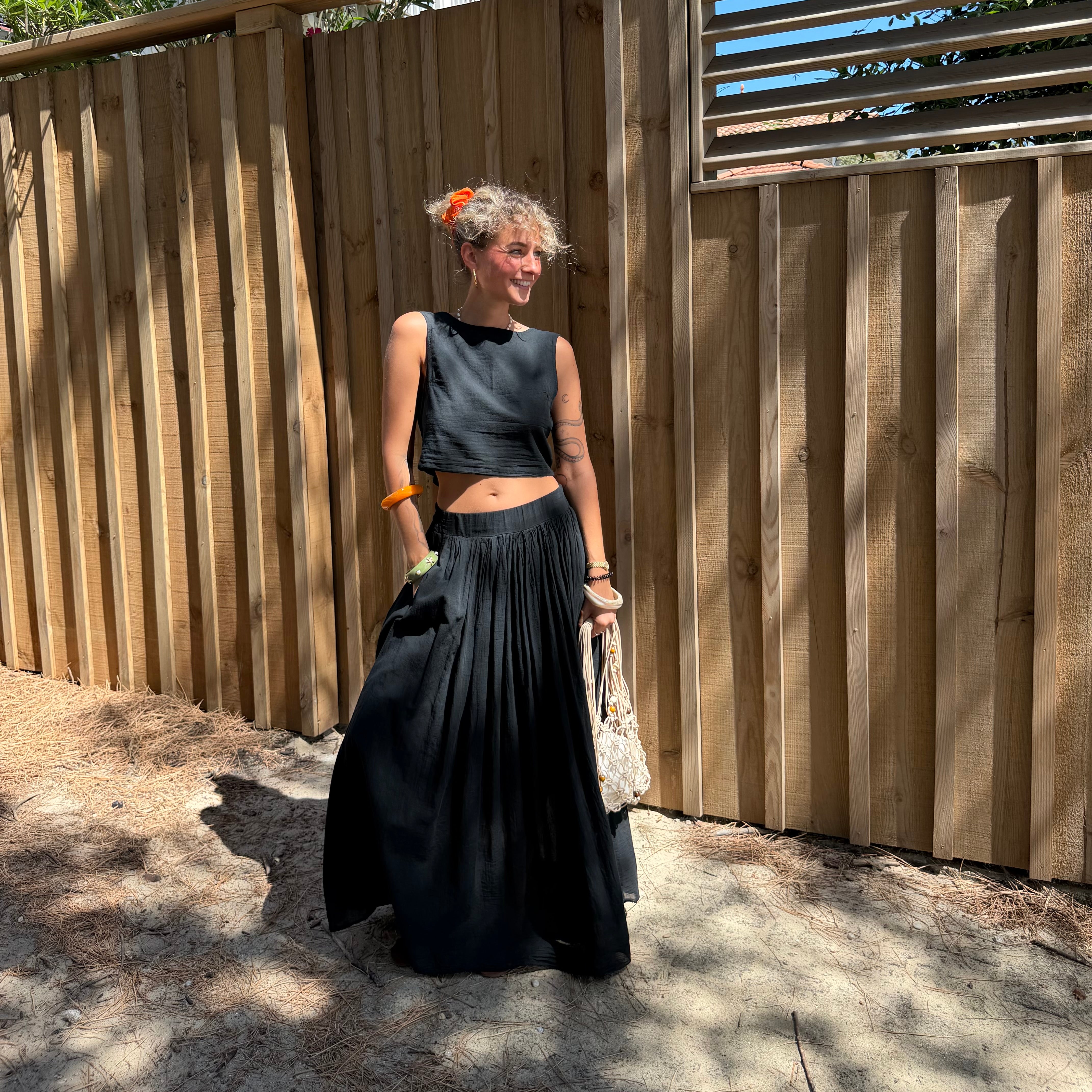 Ensemble YDRA jupe et top dos nu en coton noir