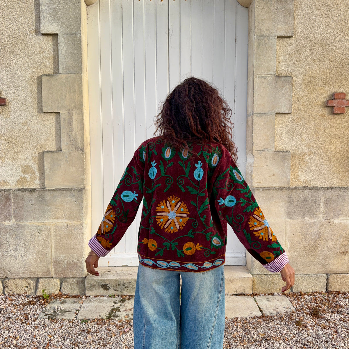 VESTE SUZANE BRODÉE EN VELOURS prune