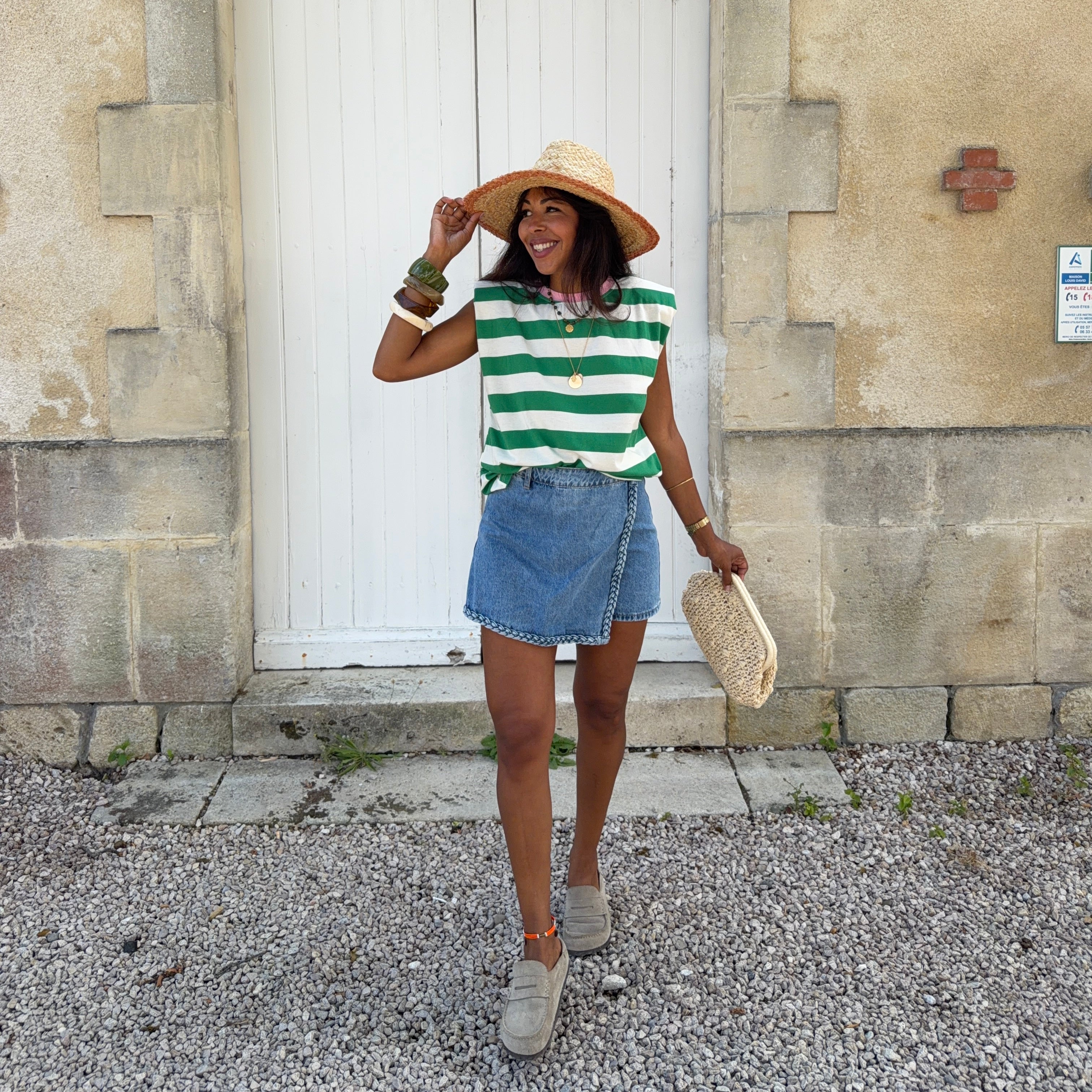 T-SHIRT MARIN ÉPAULÉ SANS MANCHES À RAYURES VERT
