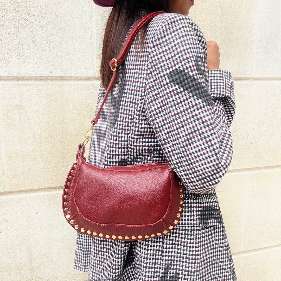 Sac à main clouté en cuir GLORIA bordeaux