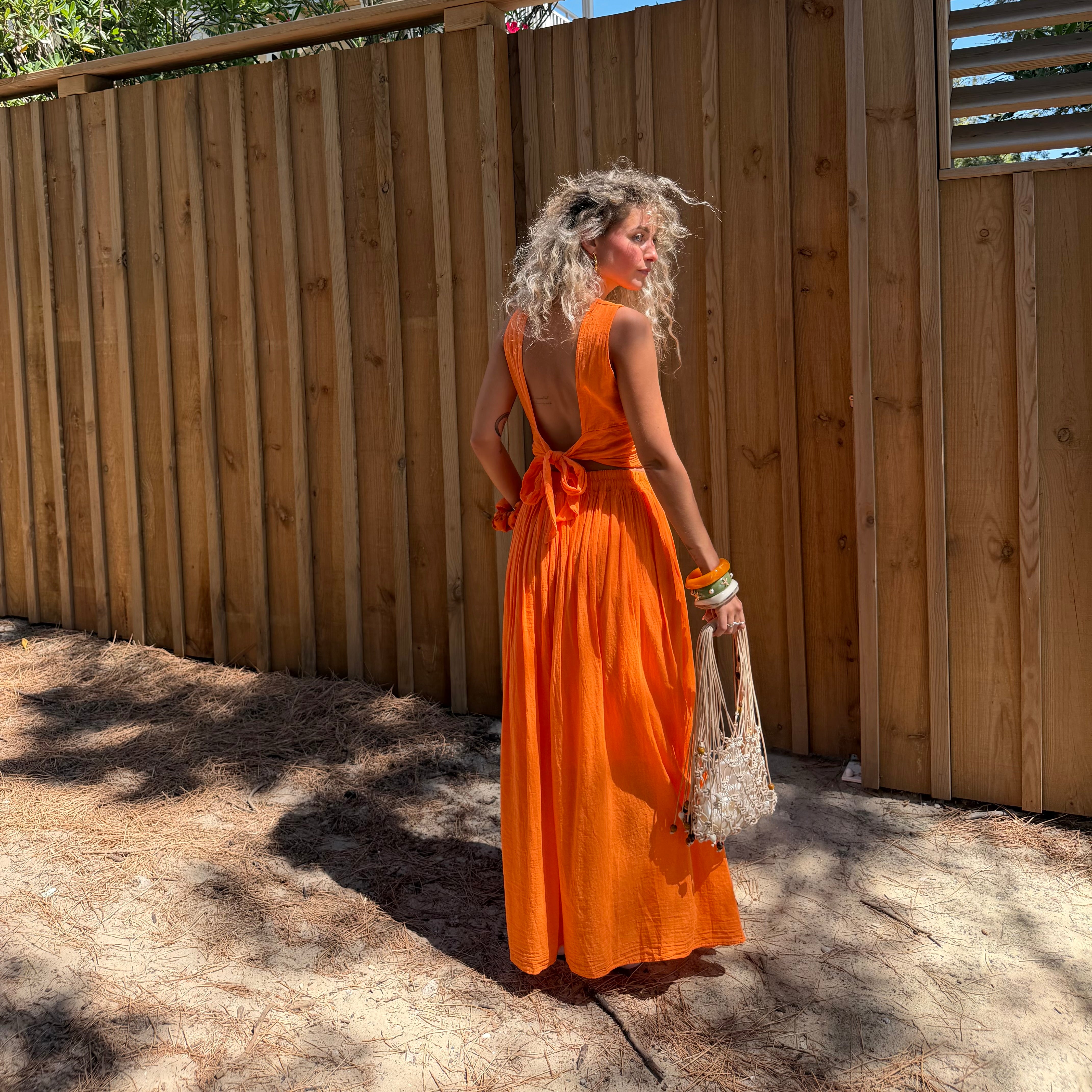 Ensemble YDRA jupe et top dos nu en coton orange