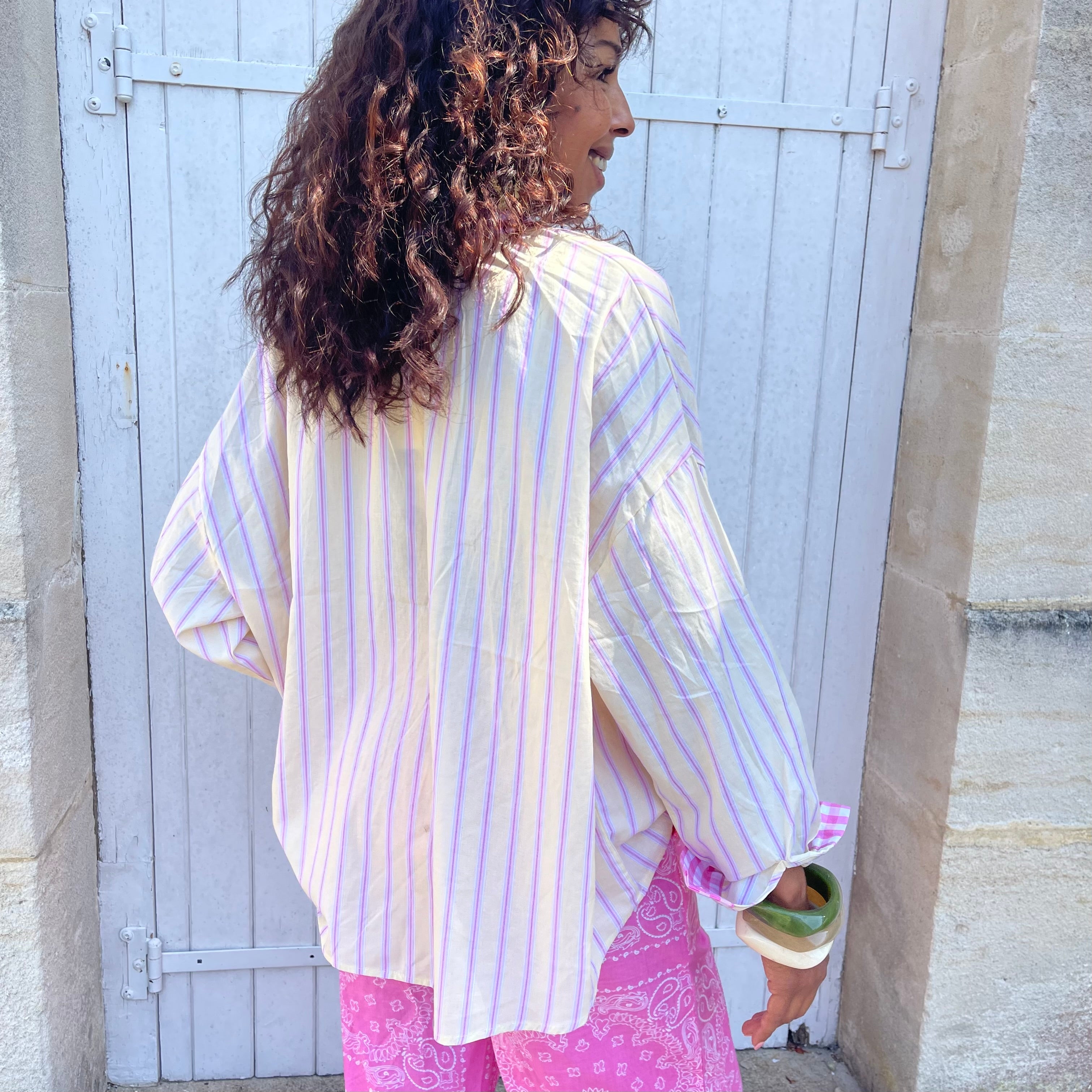 Blouse GIVI, jaune pale rayé rose, coton, oversize