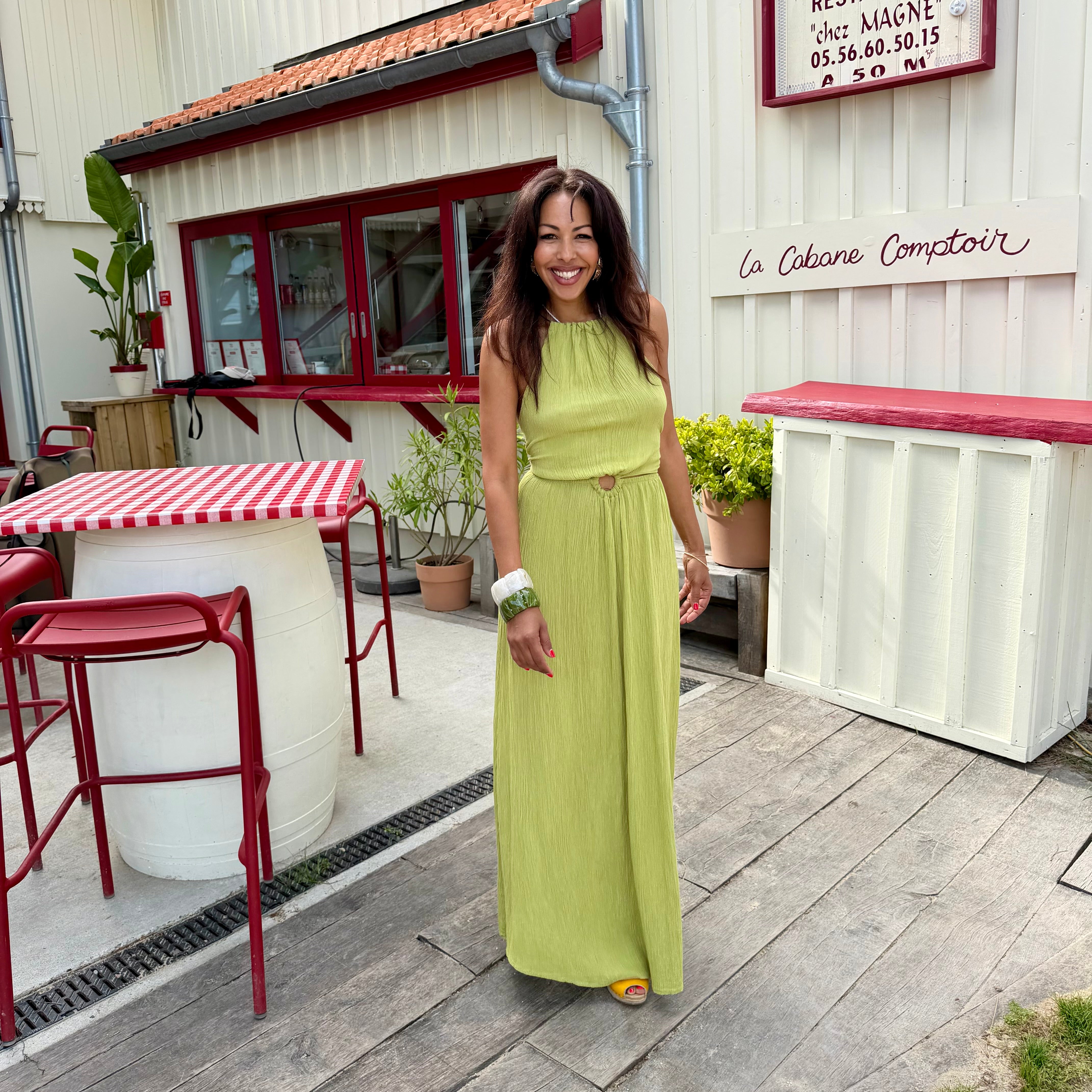 Robe longue DÉESSE dos nu vert irisée