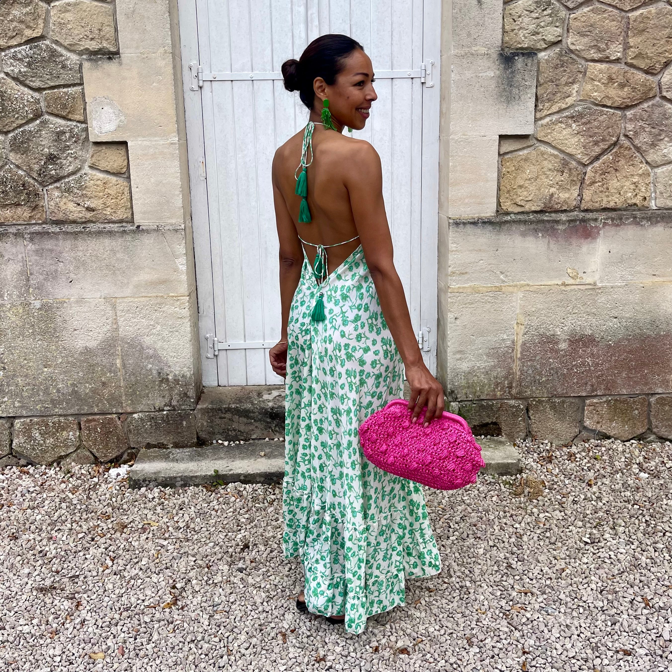 Robe longue SALVADORE dos nu à l'imprimé fleuri vert