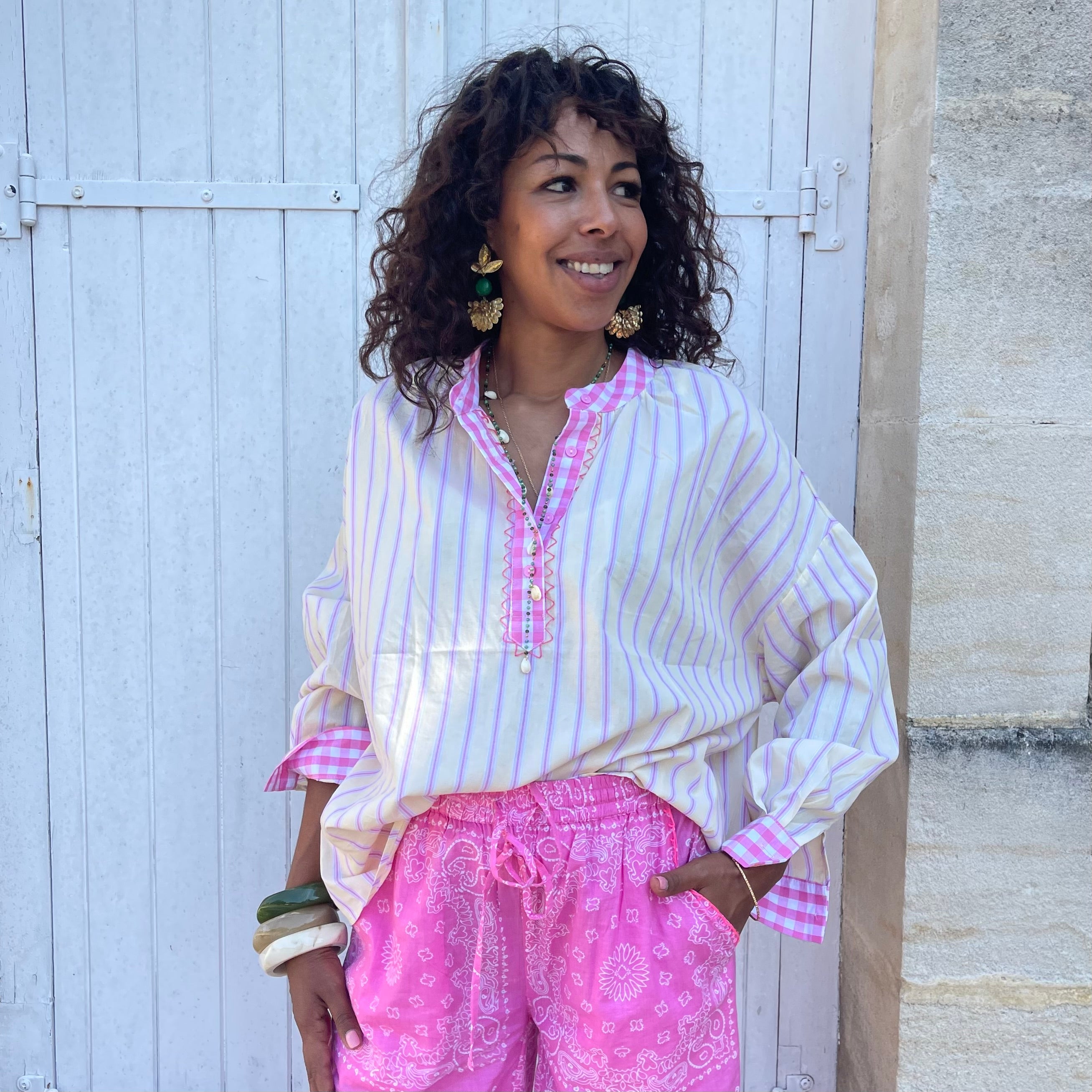 Blouse GIVI, jaune pale rayé rose, coton, oversize