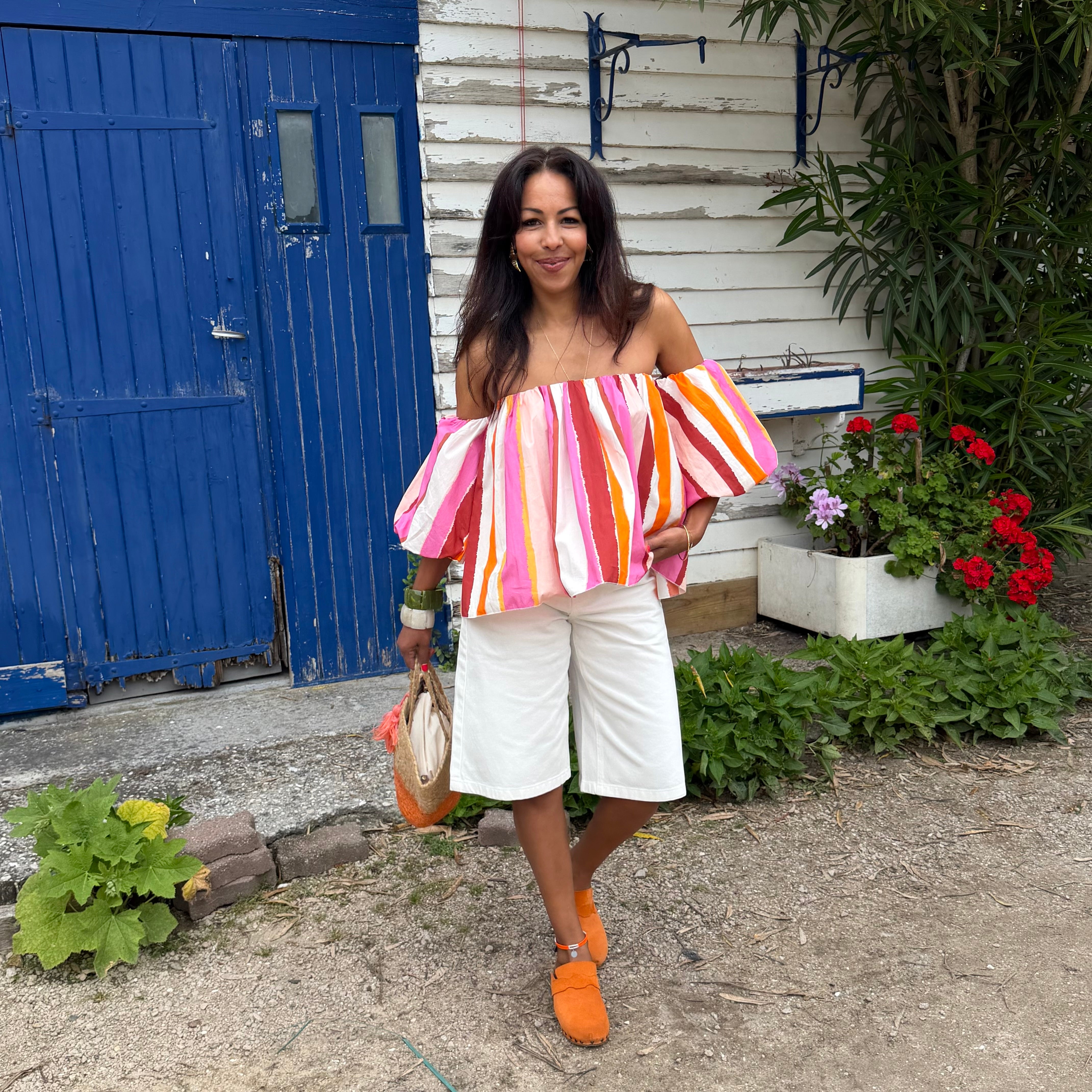 Blouse LIO rayée multicolore rose– coton – col bardot