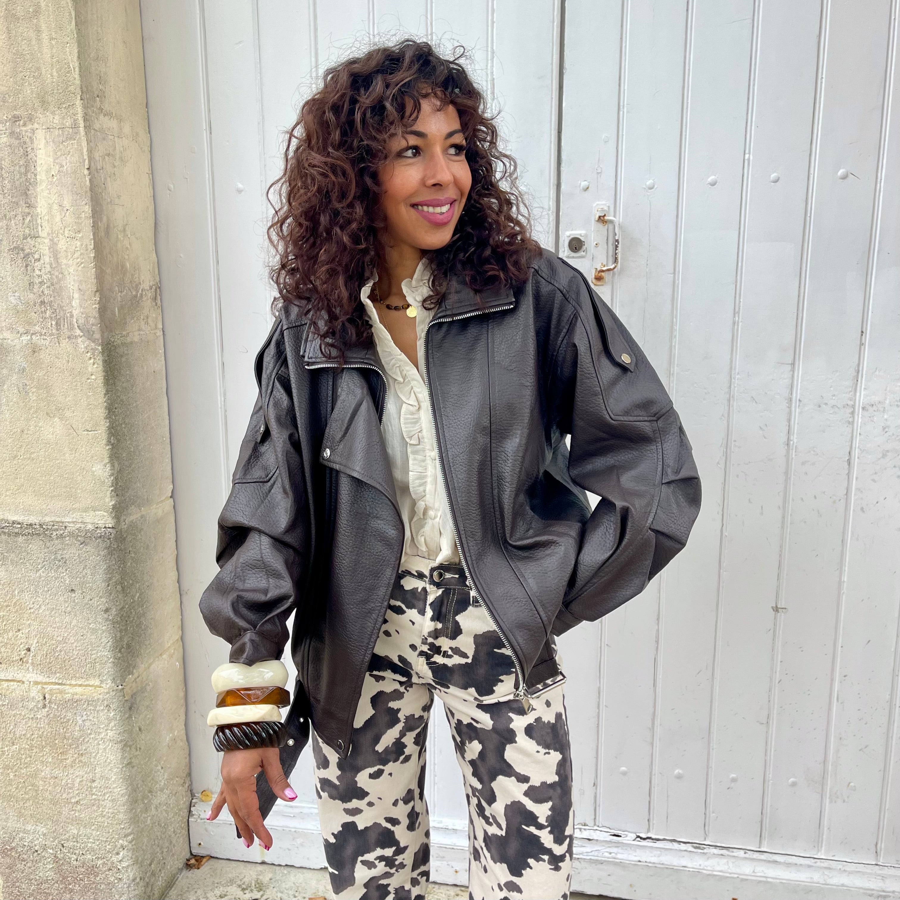 Veste perfecto LEA oversize effet cuir marron