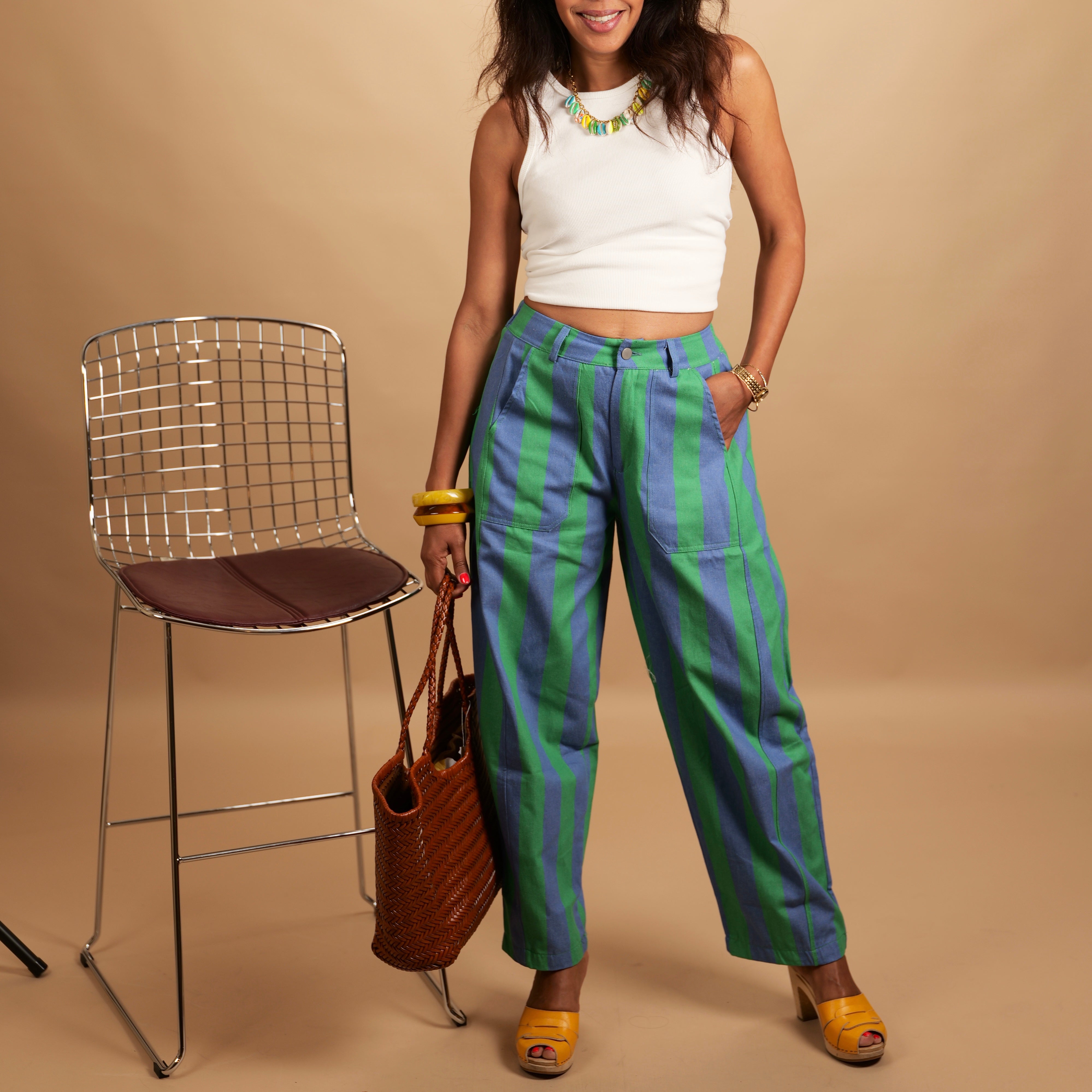 Pantalon LOUNA rayé bleu lavande & vert