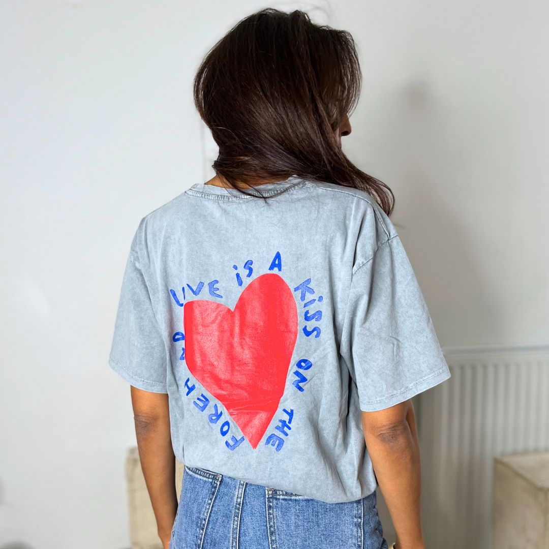 T-shirt manches courtes en coton KISS gris clair à la coupe oversize