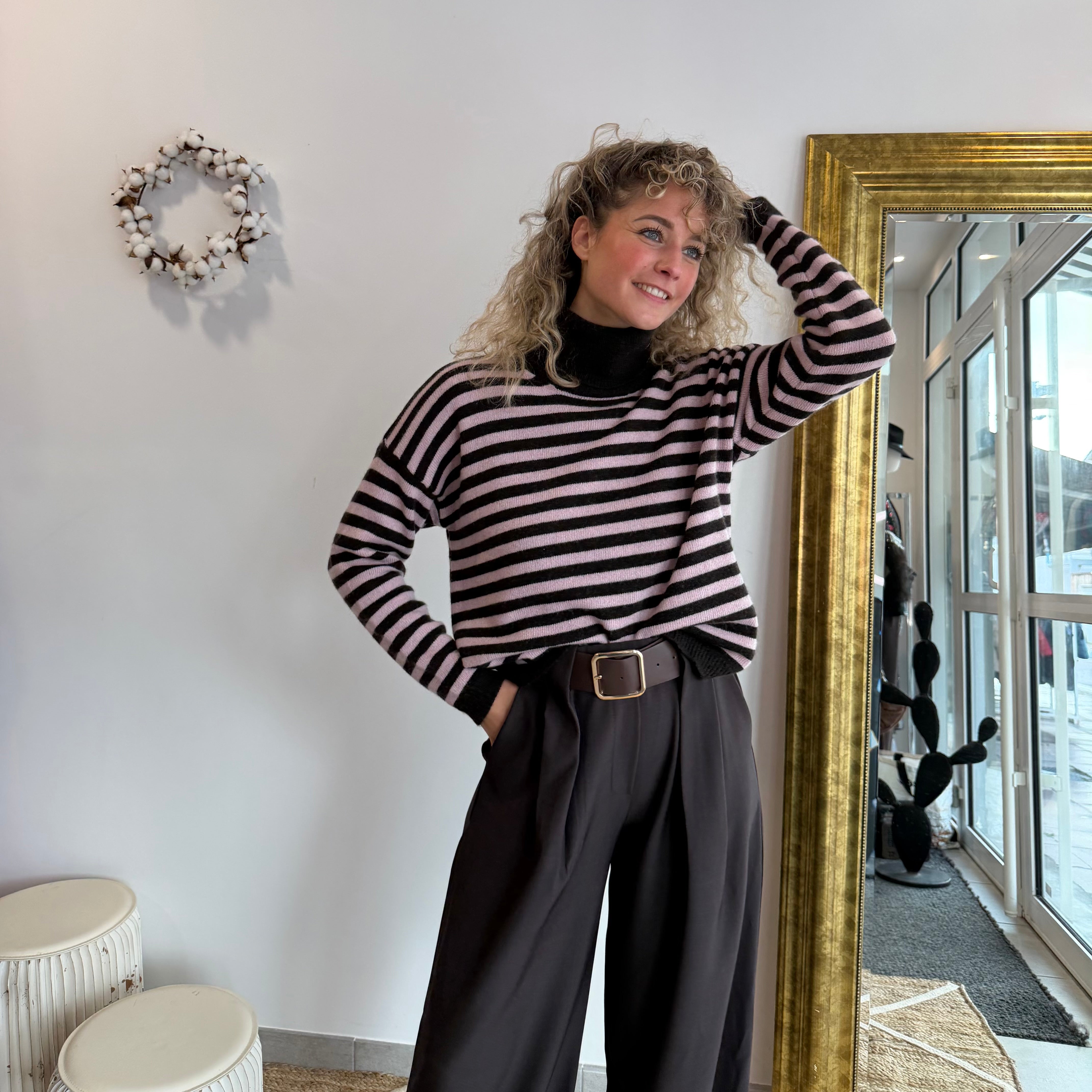 Pull col roulé rayé, CHARLIE, marron et rose laine et cachemire