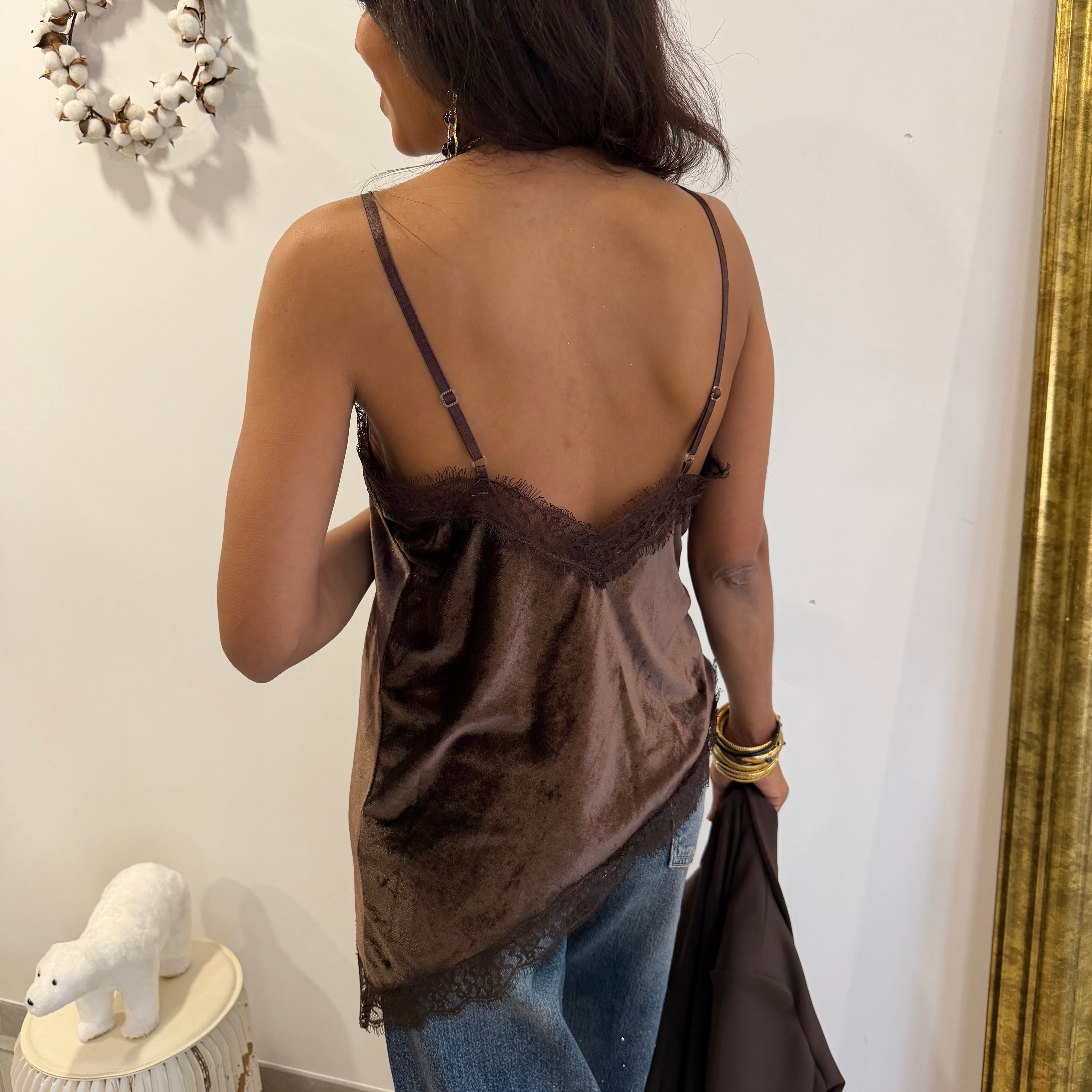 Top Yali, asymétrique en velours et dentelle marron