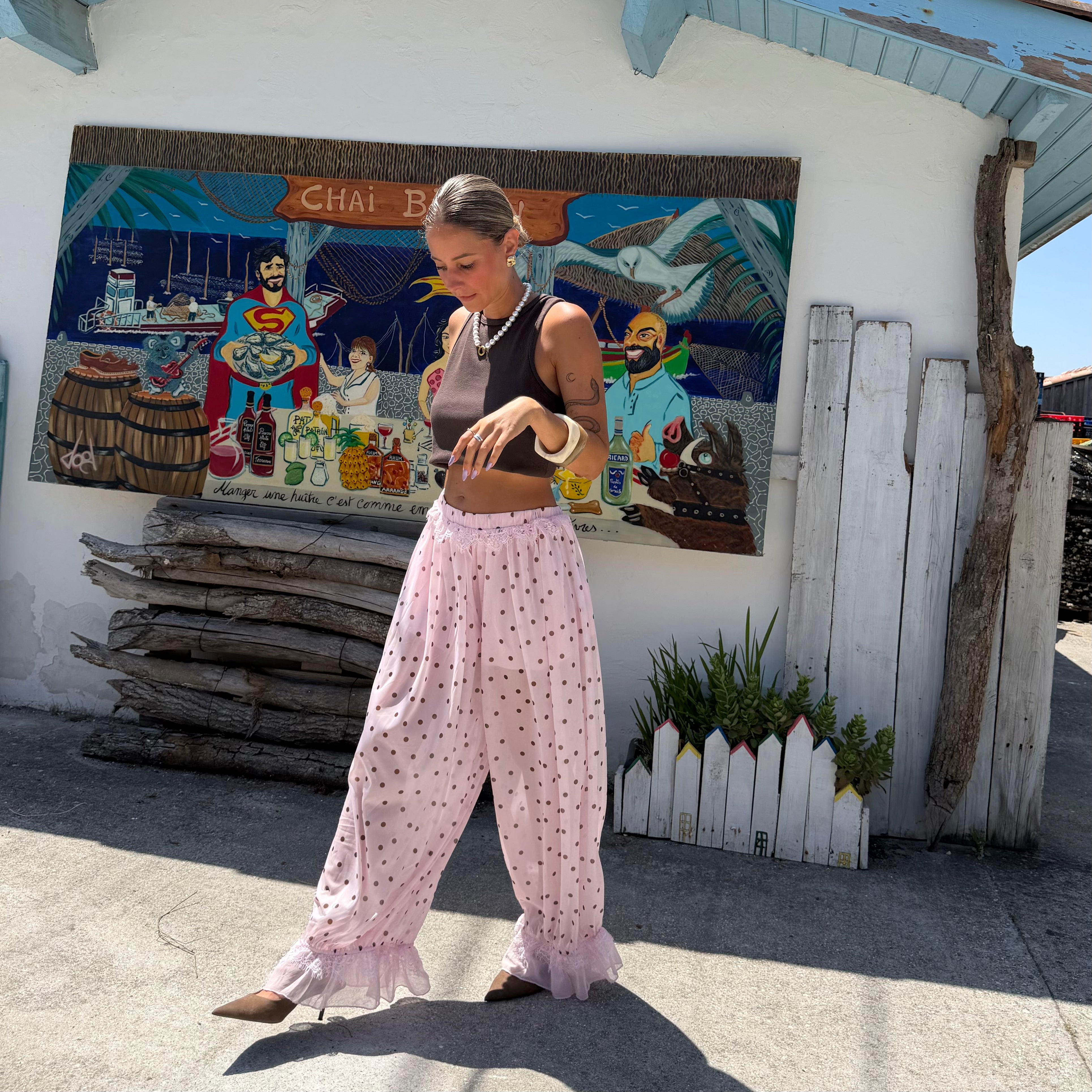 Pantalon VOILE rose à pois Rome boule détails dentelle