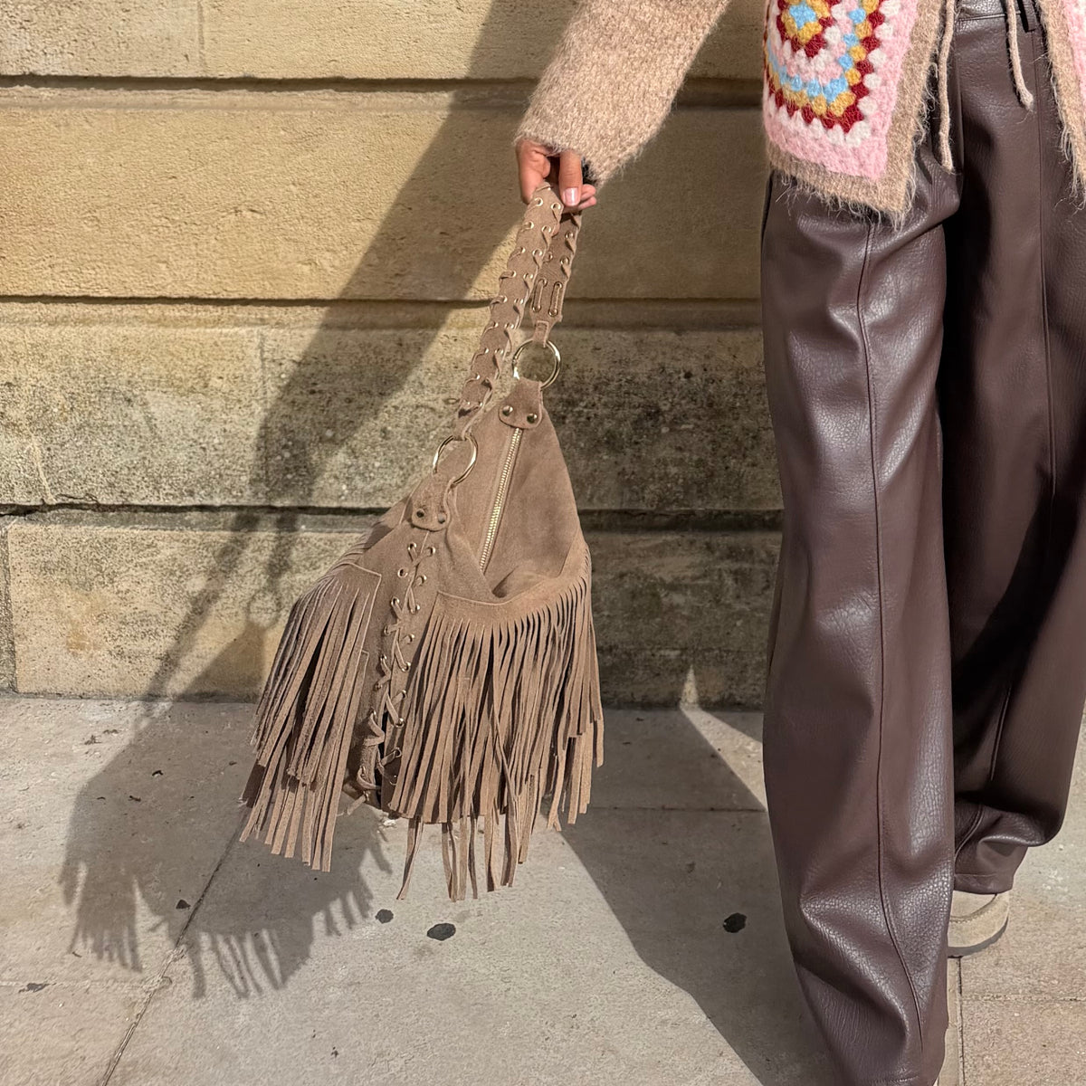 Sac cuir daim franche marron taupe