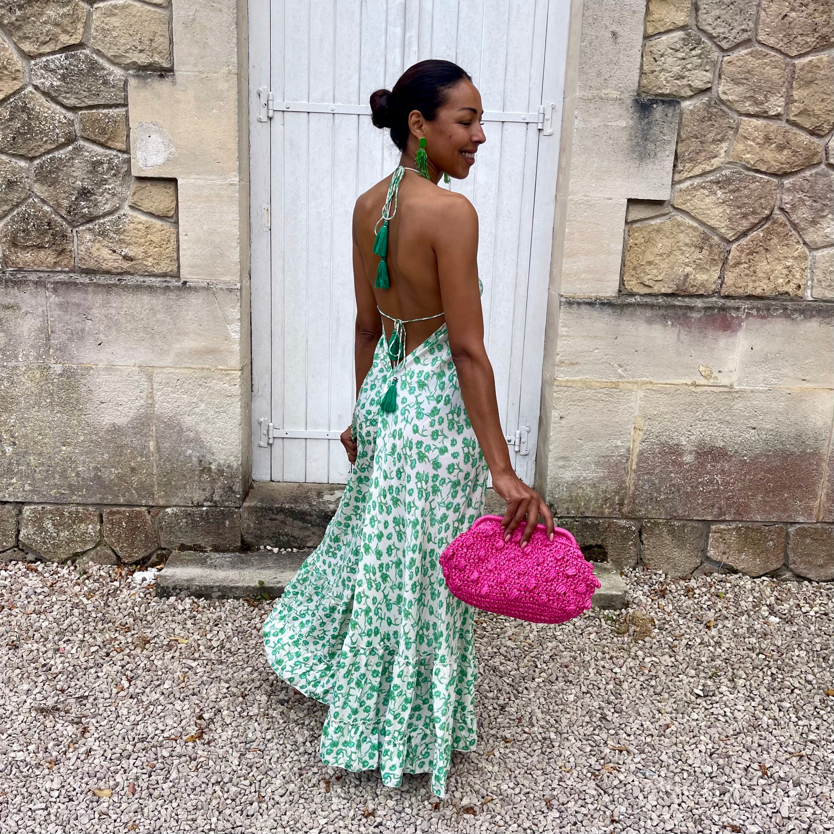 Robe longue SALVADORE dos nu à l'imprimé fleuri vert