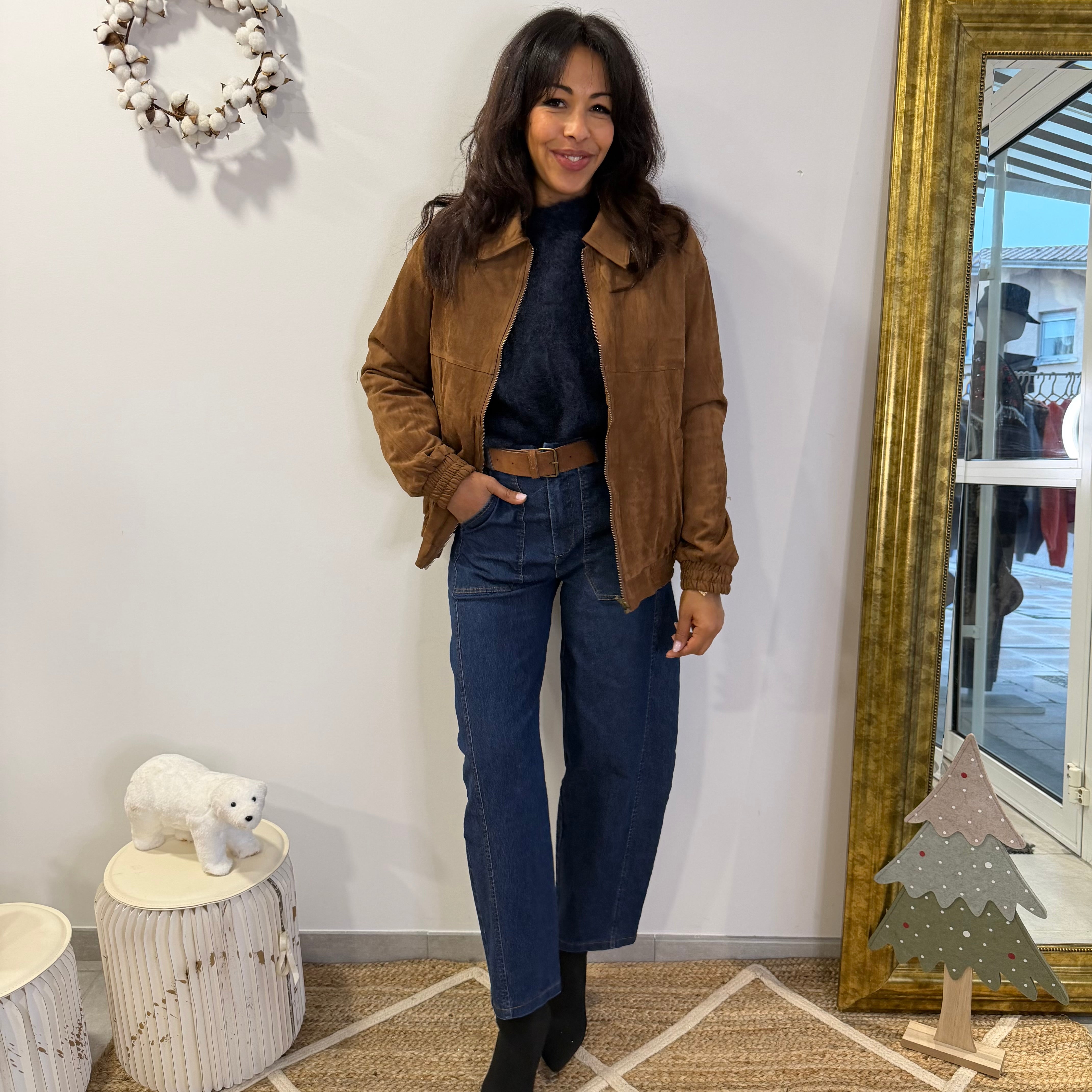 Veste camel CARLA effet daim coupe bombers