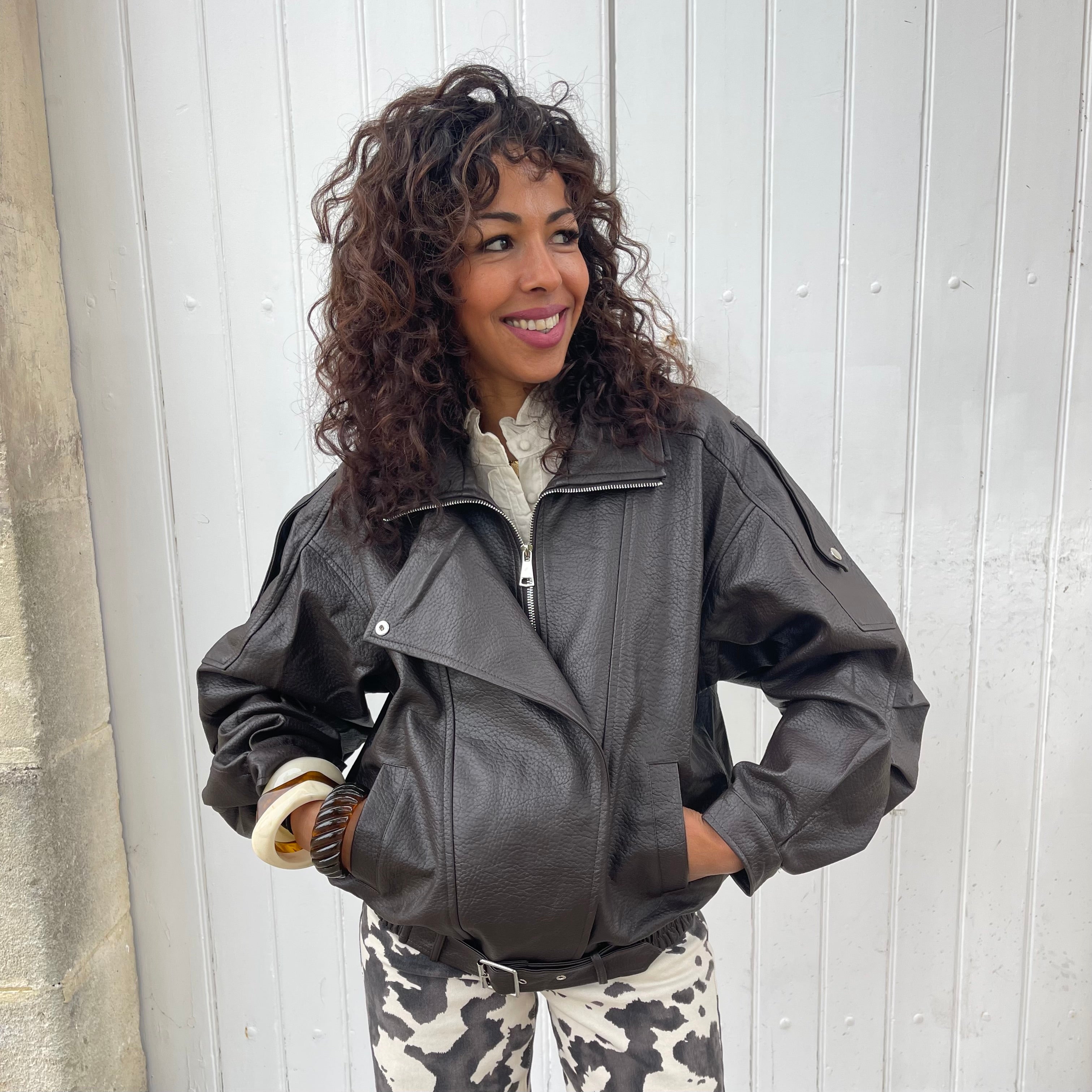 Veste perfecto LEA oversize effet cuir marron