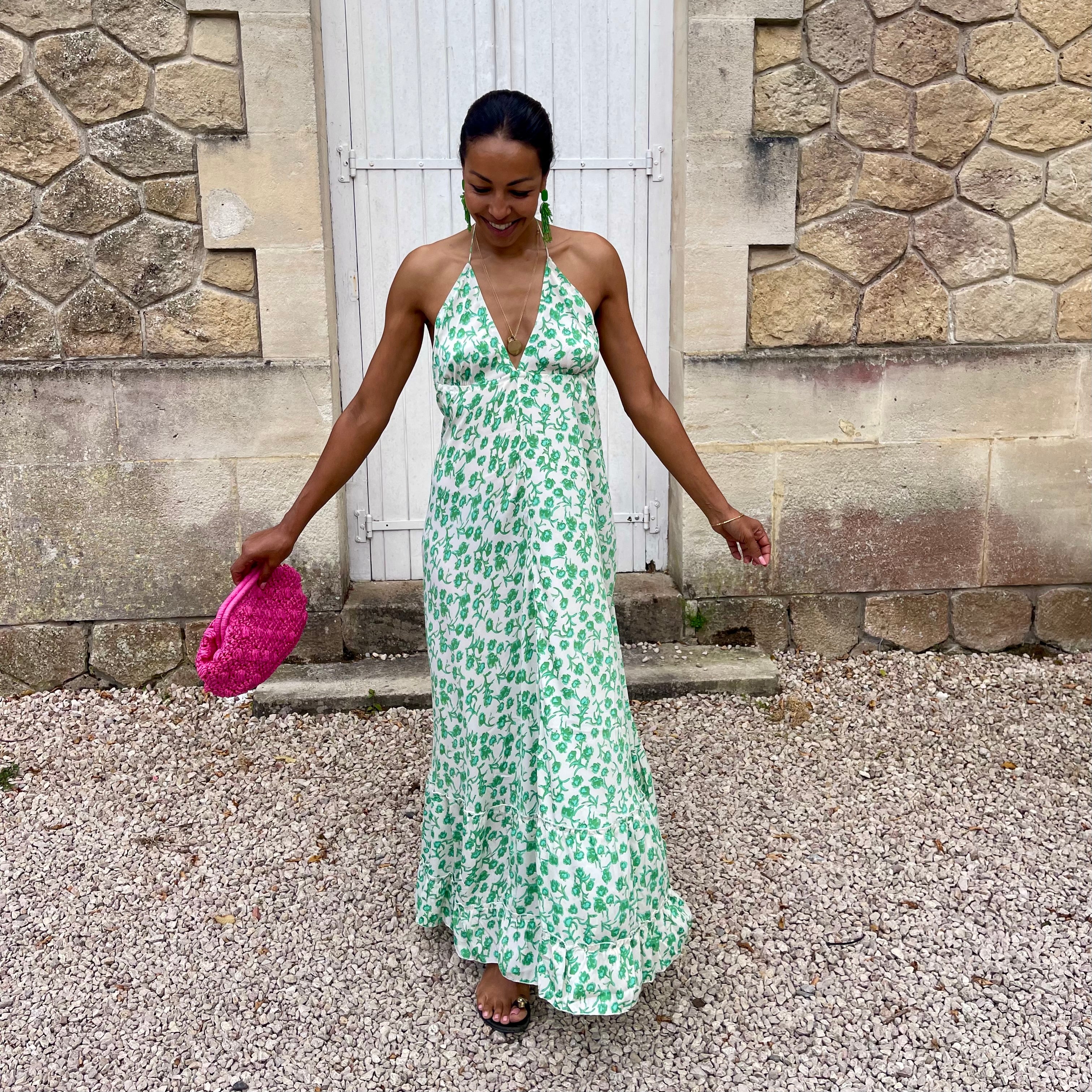 Robe longue SALVADORE dos nu à l'imprimé fleuri vert