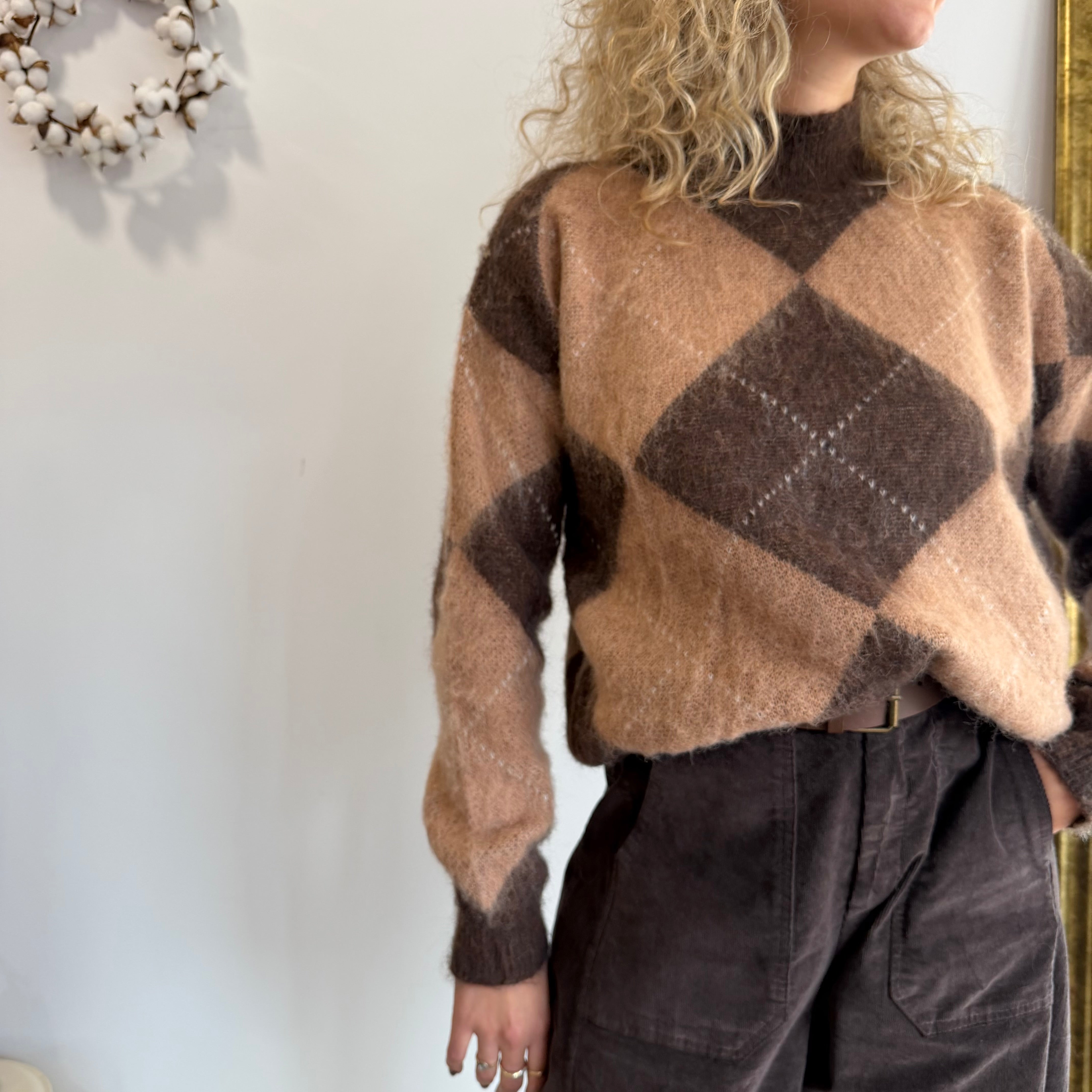 Pull LOSANGE, col montant, marron et beige
